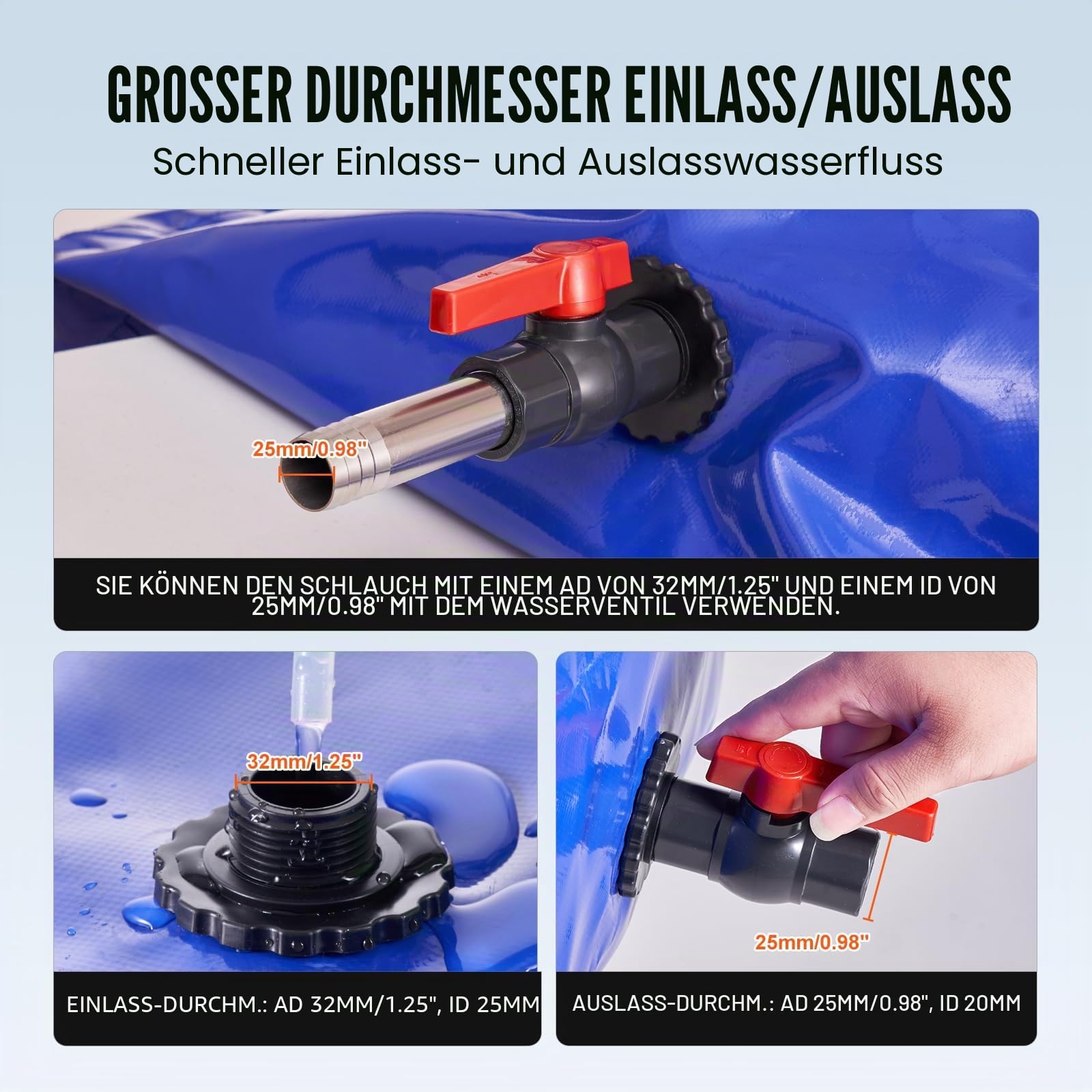 VEVOR 400L Wasserblasen Aufbewahrungsbehälter, Wassertank, 1000D blaues PVC, zusammenklappbare Wasserspeicherbehälter, Wasserbeutel mit großer Kapazität, tragbarer Wasserbehälter, Brandschutz, Camping