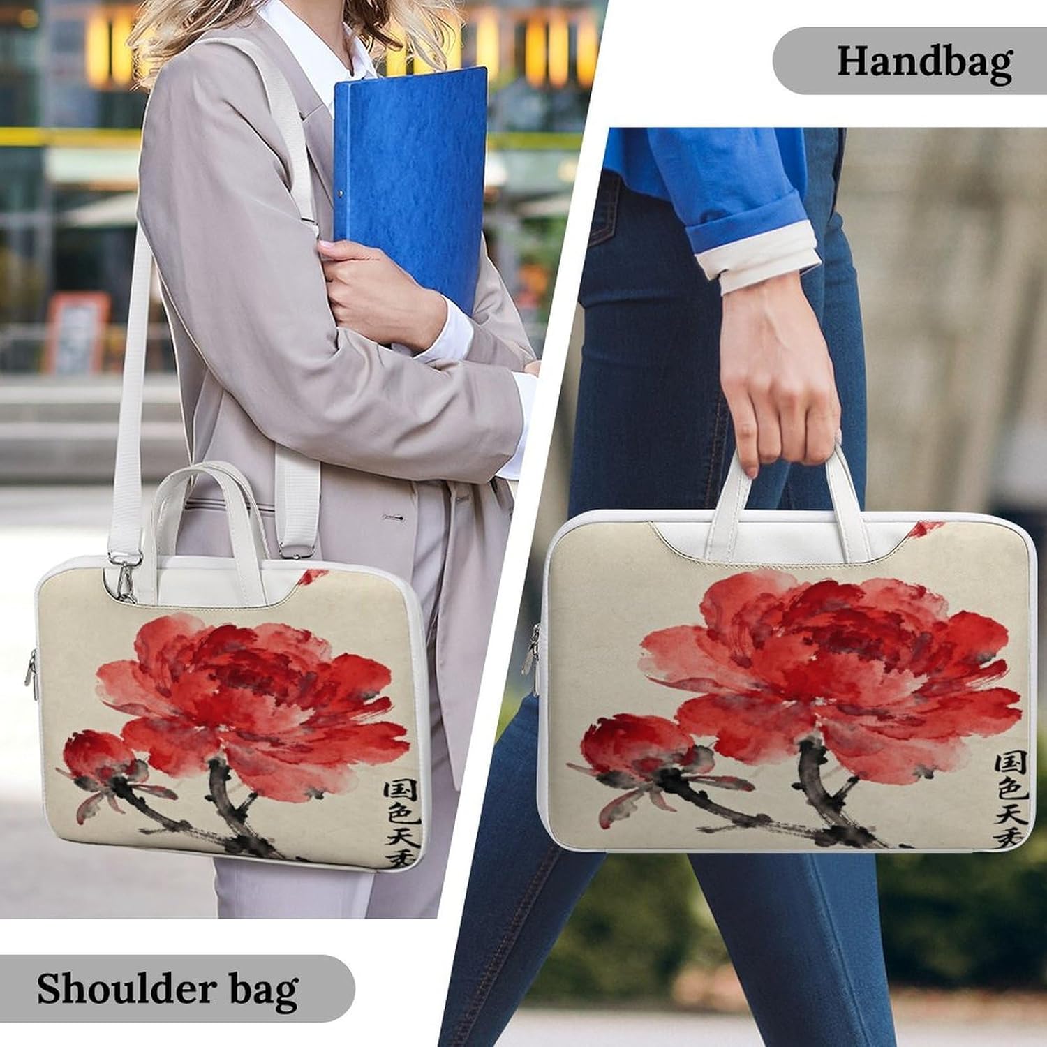 Red Floral 42x30.5cm White-style Laptop Bag Leather Tablet Computer Briefcase Large Capacity Work Business Tote Bags for Office