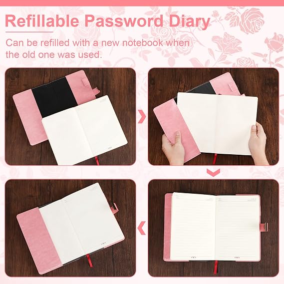 Toplive Diary with Lock, A5 Locking Vintage PU Leather Journal Notebook for Women Men Journal with Lock, Refillable Girls Password Diary with Retro Rose Pattern, Pink