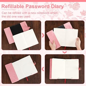 Toplive Diary with Lock, A5 Locking Vintage PU Leather Journal Notebook for Women Men Journal with Lock, Refillable Girls Password Diary with Retro Rose Pattern, Pink