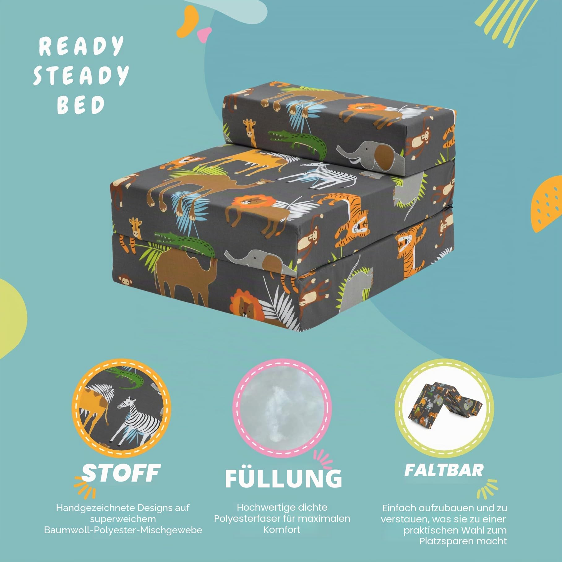 Ready Steady Bed Kinder-Sessel, ausklappbares Schlafsofa Z-Bett | Einzelbett für Kleinkinder Klappstuhl | Ideal für Spielzimmer, Schlafzimmer, Wohnzimmer | Leicht & Bequem (Tief Afrika)