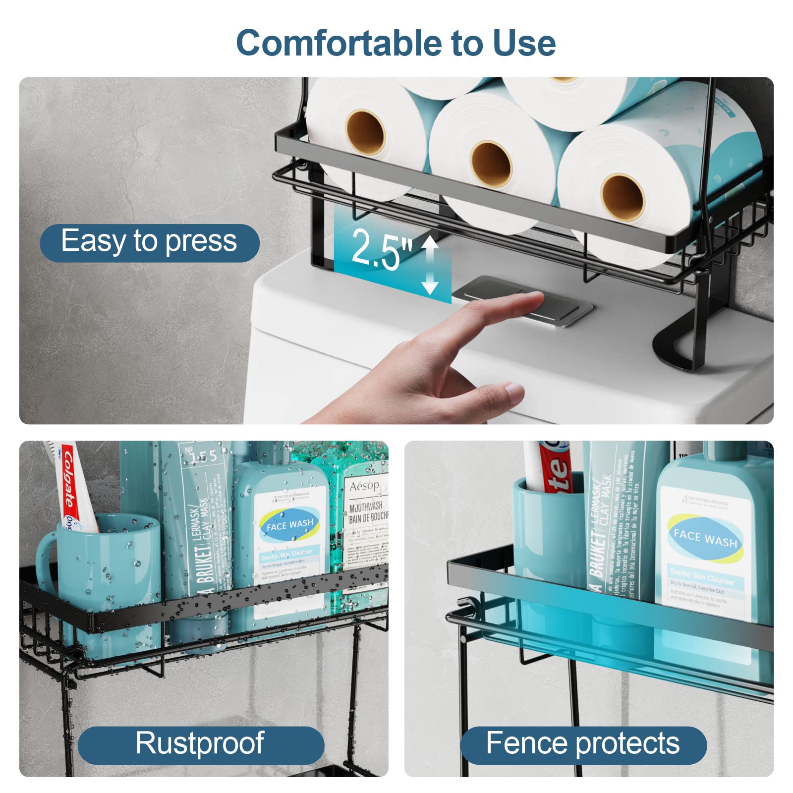 iSPECLE Over The Toilet Storage, 3 Tier Over Toilet Bathroom Organizer No Drilling Toilet Storage Easy to Install, Add Space for Small Bathroom, Black
