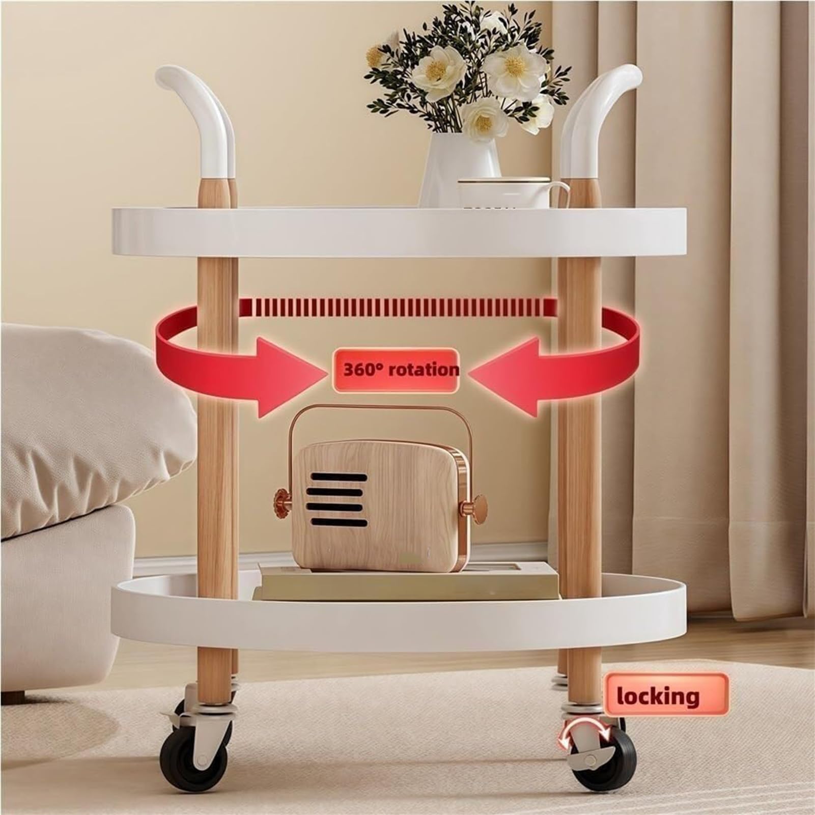 Moderna mesa auxiliar rodante de 2 niveles redonda con ruedas, mesita de noche portátil para sofá, cama, sala de estar, cocina, comedor, color negro