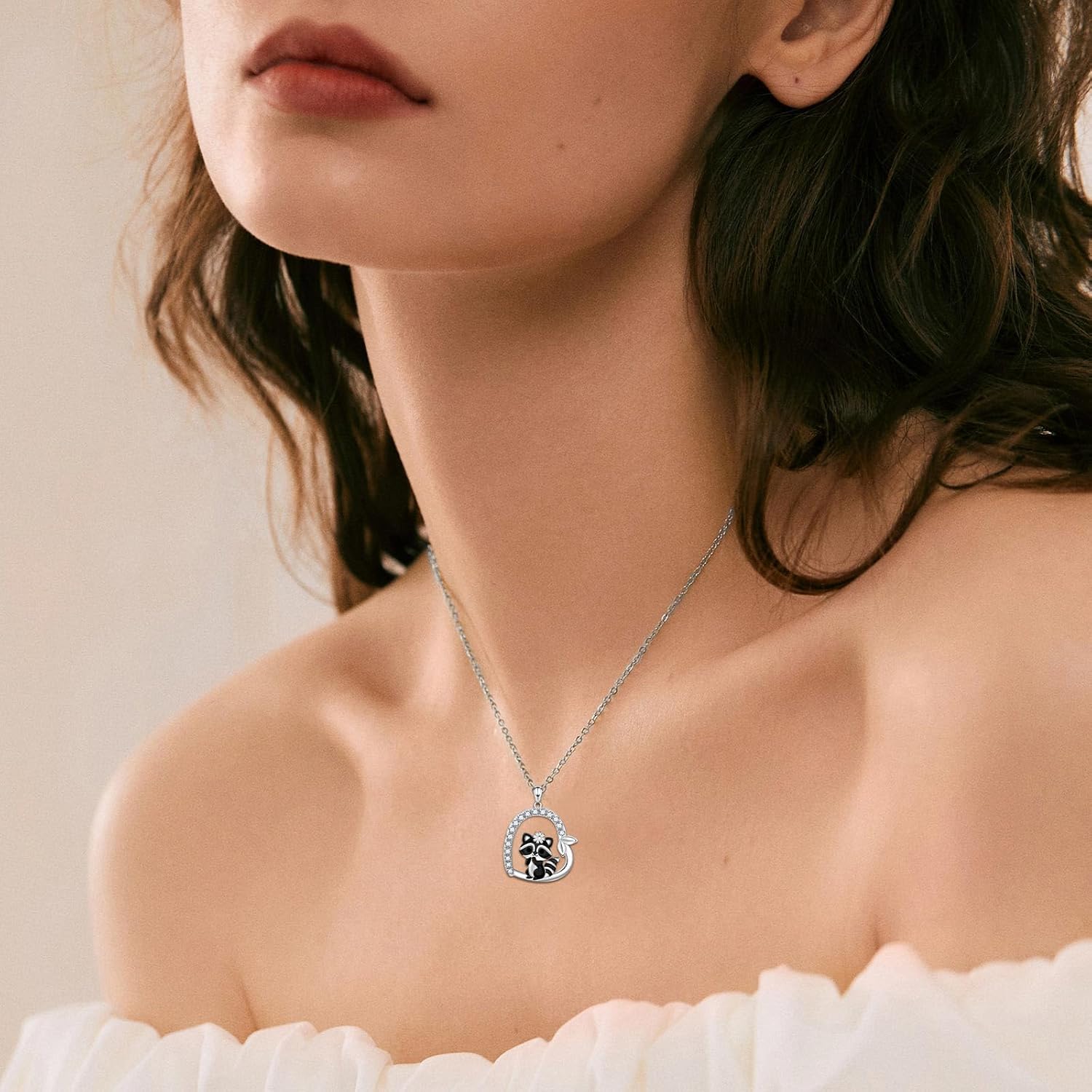 925 Sterling Silver Raccoon Necklace - Cubic Zirconia Cute Heart Animal Raccoon Pendent Raccoon Gifts for Women - Image 6