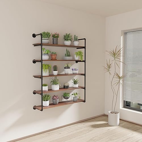 Miniatura 5 de Estante industrial de tubo de hierro de 5 niveles, estantería de tubo de 48 pulgadas con tablón de madera maciza, estantes abiertos para libros,