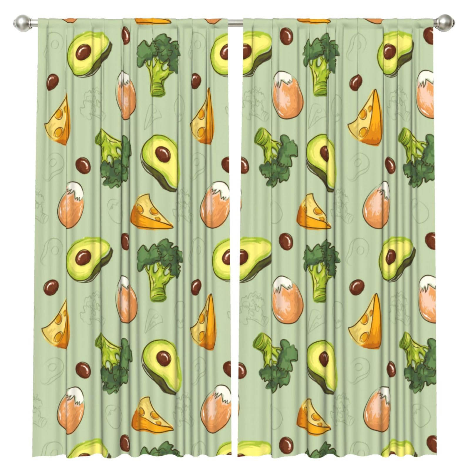 InOmak Doodle Broccoli Cheese Avocado, 2 Panels Window Curtains 52 x 84 Inch Blackout Curtains for Living Room Bedroom