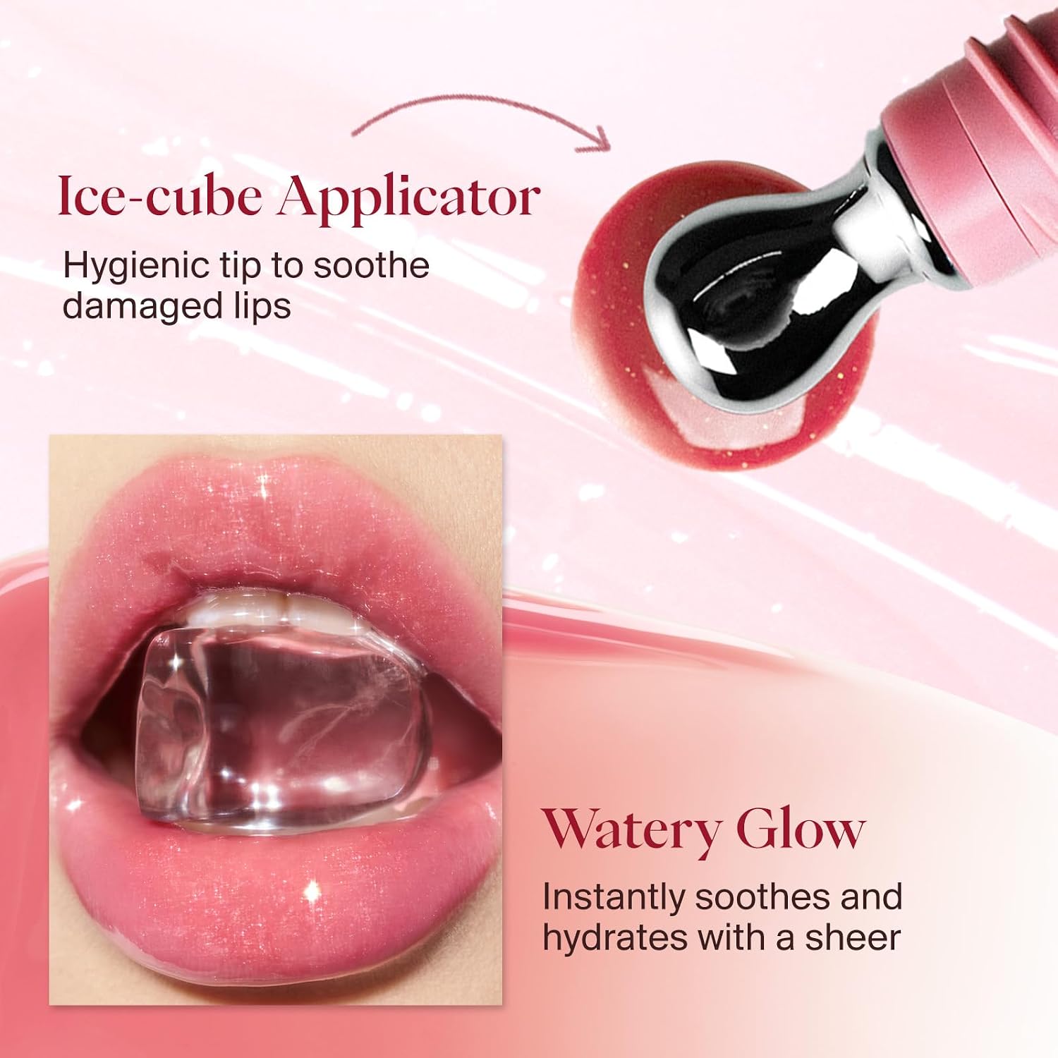 Joocyee Crystal Lip Gloss Hydrating Essence Tinted Nourishing Lip Serum with Ice Cube Metal Tip Applicator Sheer Watery Glow Moisturizing Makeup for Dry Lips - Lucent Pink