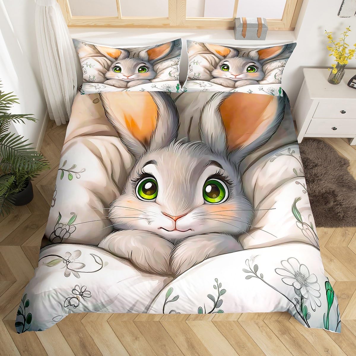 Parure de lit lapin 140x200cm housse de couette microfibre et 1 taie