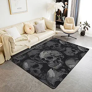 Erosebridal Skull Non Slip Rug 3x5,Gothic Halloween Skeleton Bones Area Rug for Kids Boys Girls Home Party Decor,Sugar Skull Horror Theme Decorative Rug,3D Skull Black Grey Carpet Halloween Decor