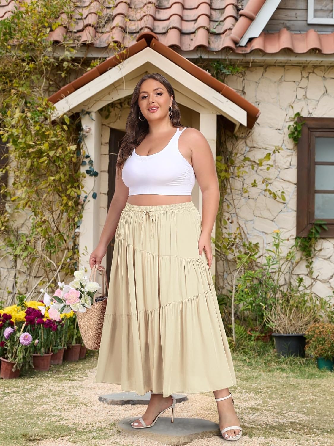 Moon Wood Plus Size Boho Maxi Skirts for Women Long Flowy High Waisted Tiered A-Line Skirt with Pockets Beach Summer Causal - Image 3