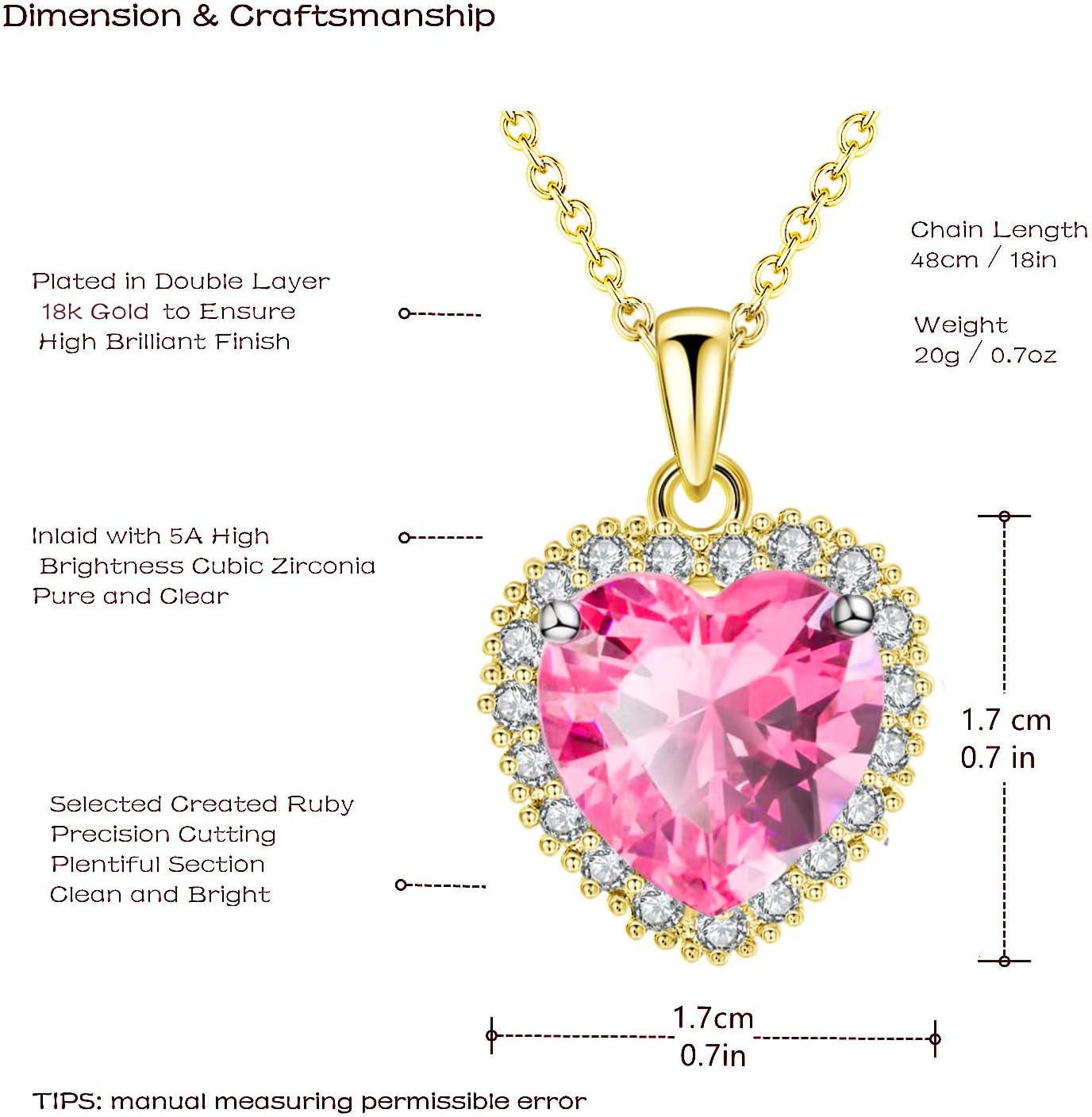 VONSSY Classic Heart Pendant Gemstone Necklace | Crystal Cubic Zirconia Birthstone Ruby Emerald Sapphire Necklace| 18K Platinum Gold Plated Chain | Vintage Meaningful Jewelry Gift for Mother Wife - Image 5