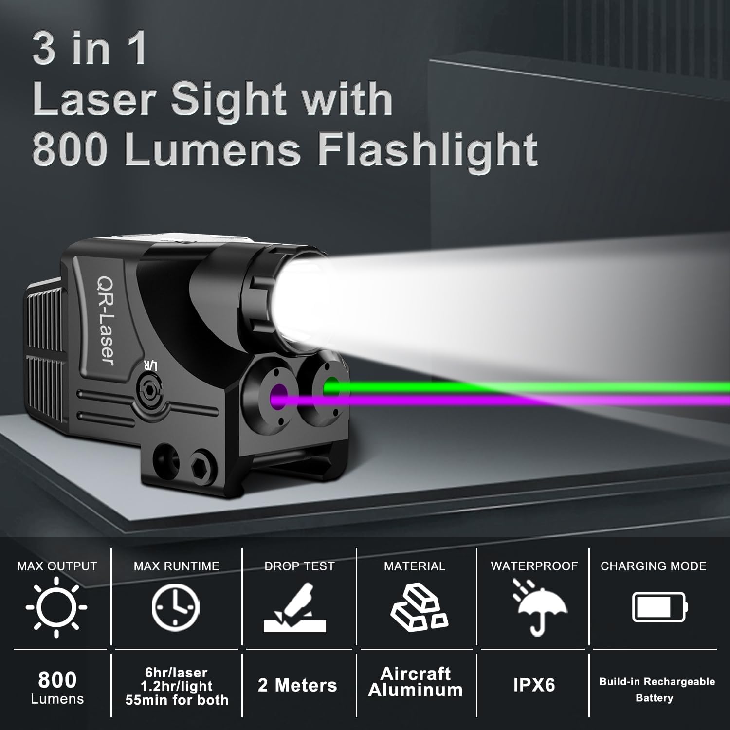 Red Green Purple Blue Laser Light Combo, 800 Lumens Tactical Flashlight Laser Sight, Built-in USB Rechargeable Battery, Adjustable Compact Tactical LED Light Laser Beams