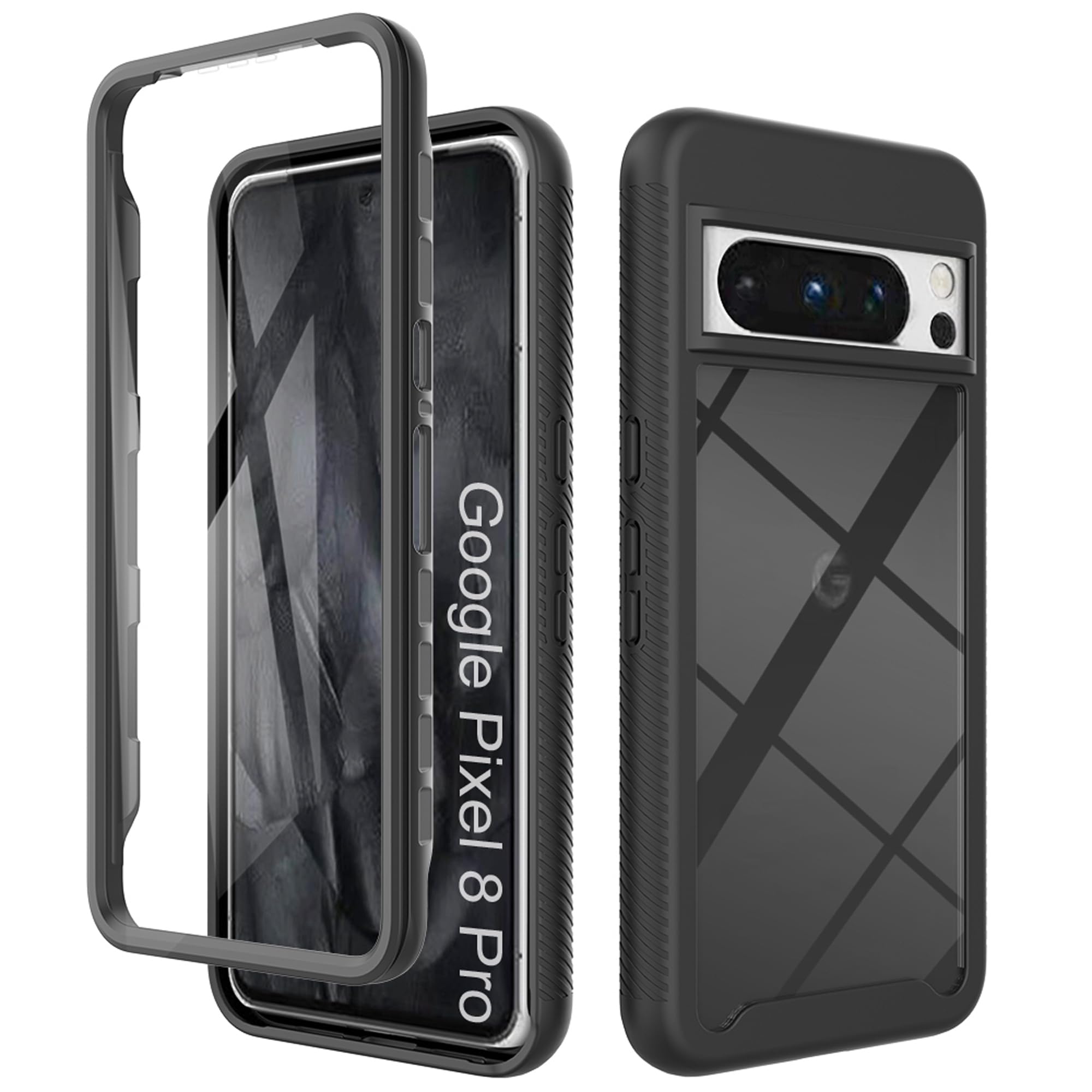 Google Pixel 8 Pro Clear Case, Silicone & PC Hybrid Full-Body Armour Built-in Screen Protector and PC Bumper Military Grade Heavy Duty Shockproof Cover, Black