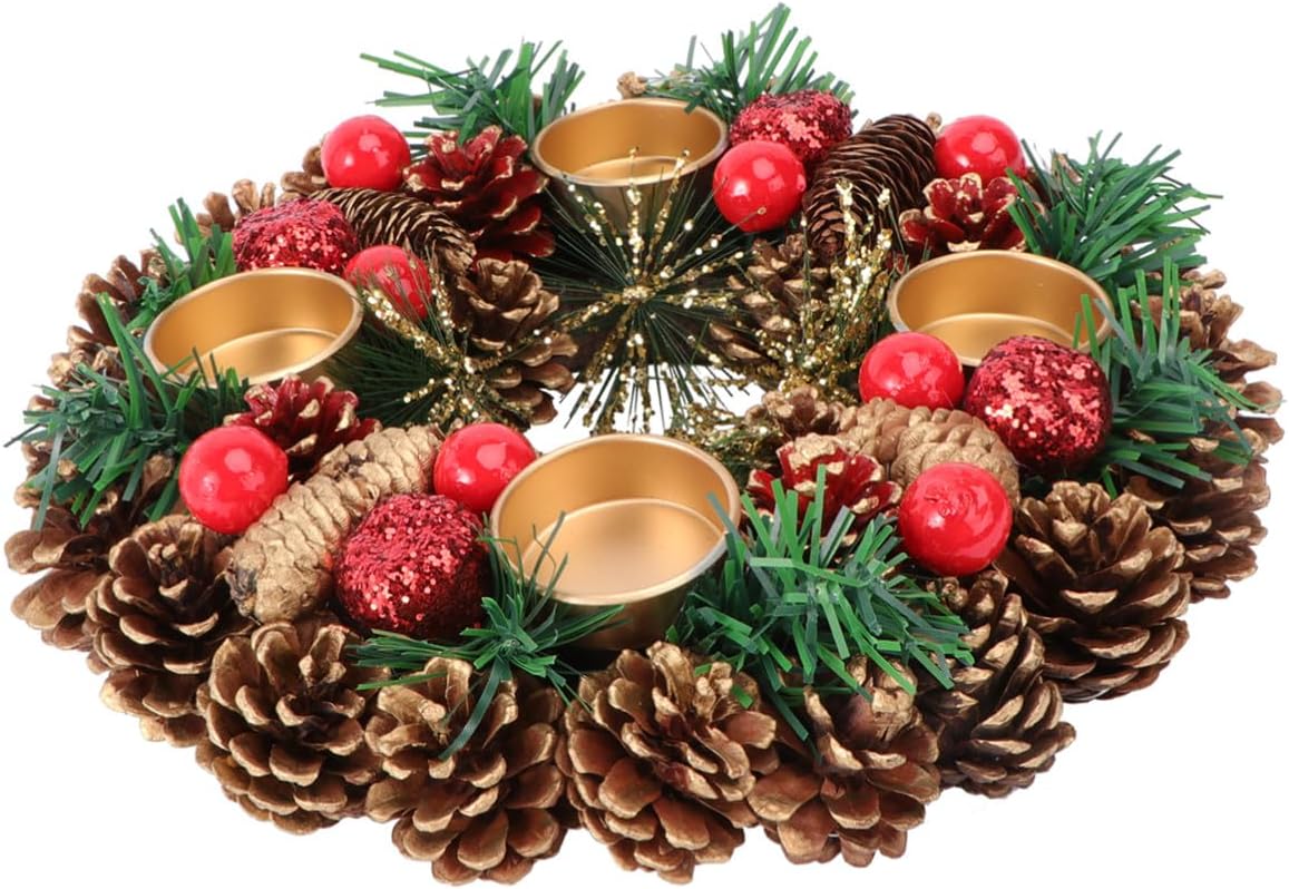 ibasenice Handmade Christmas Candleholder Garland 27cm Decorative Wreath Desktop Decor Holiday Candlestick Holder for Home Seasonal Decoration