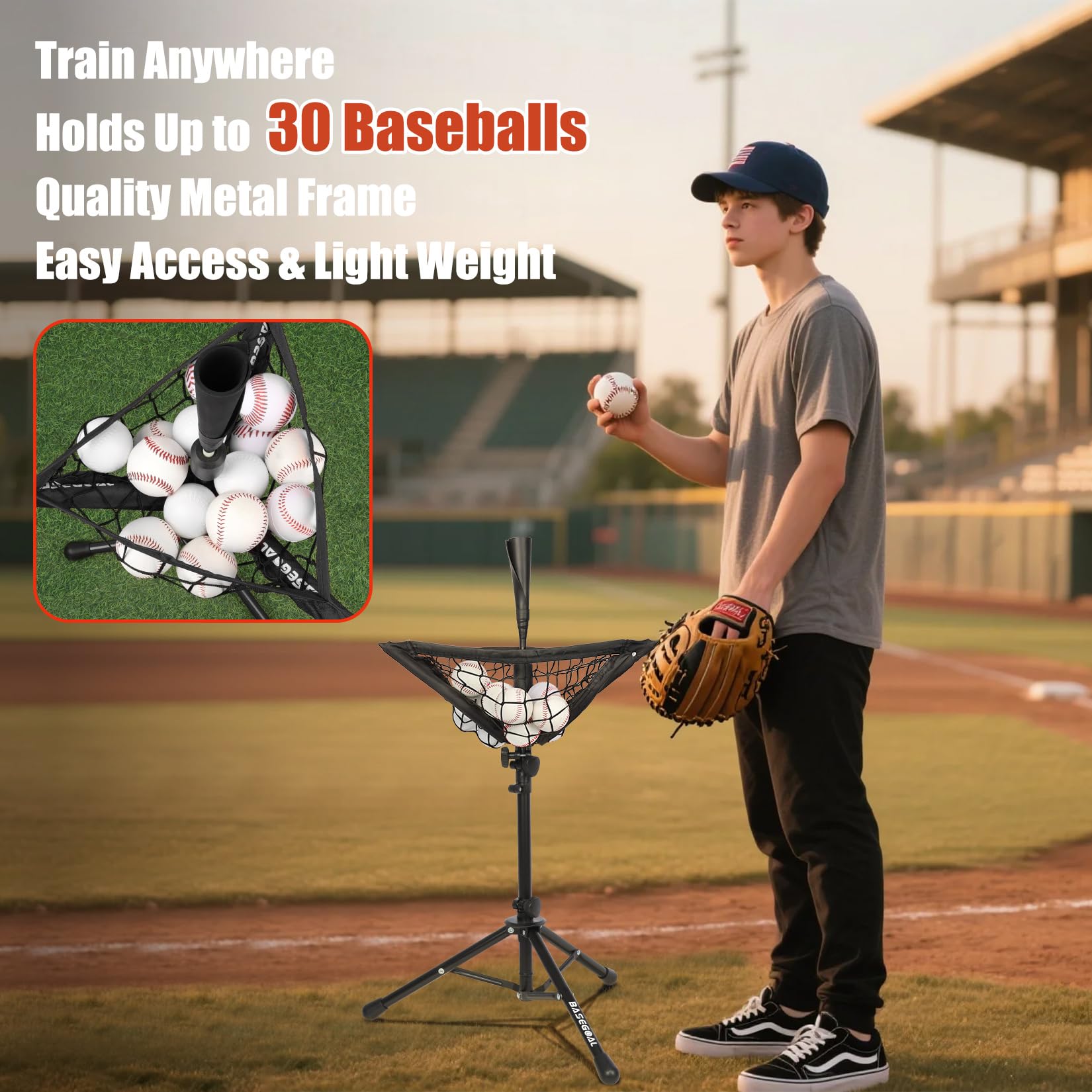 BaseGoal Batting Tee Baseball-T-Shirt, Softball-Reise-T-Shirt, tragbar, Stativ, Gummi-Tee für Schlagtraining, Übungen, mit Baseball-Caddy und Tragetasche