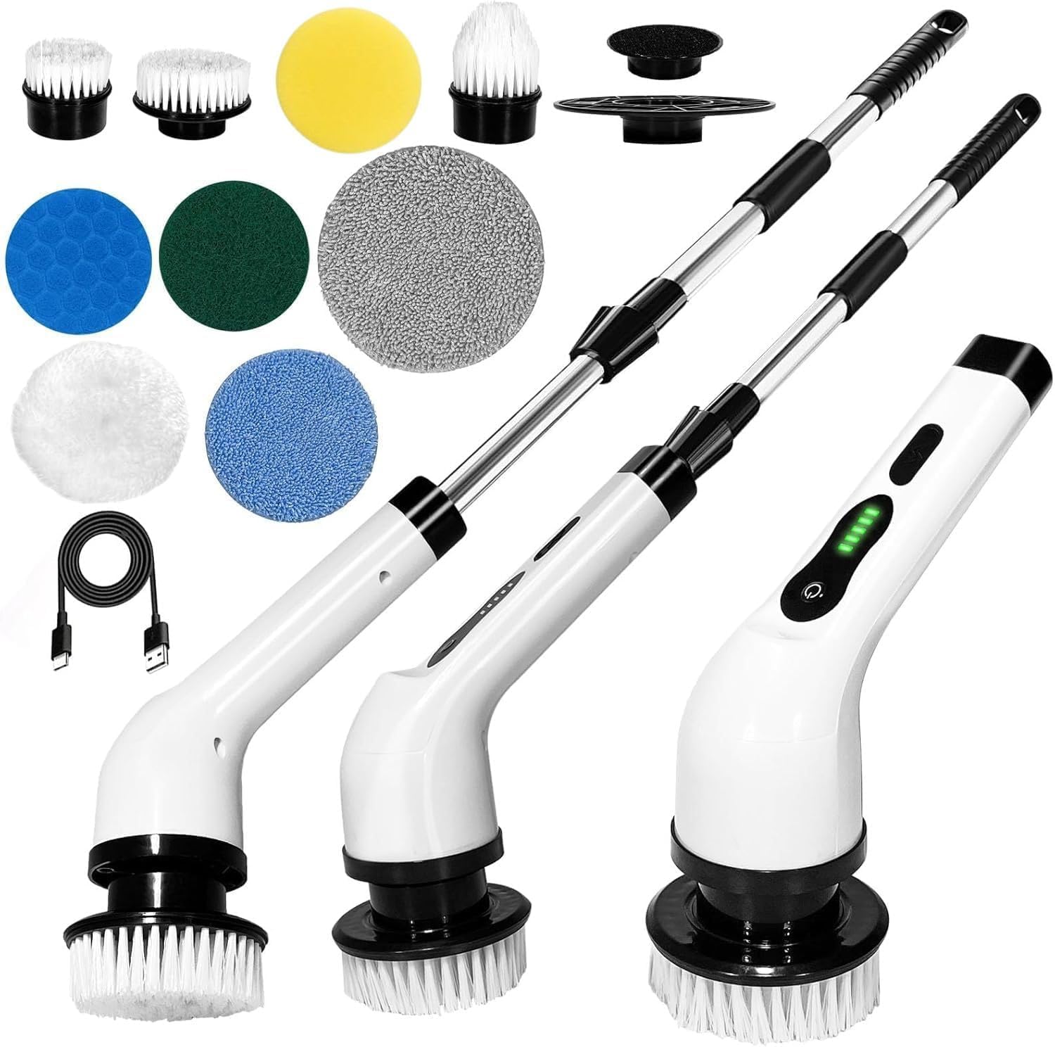 Red-Rubby Electric Spin Scrubber,Cleaning Brush Scrubber for Home, 400RPM/Mins-9 Replaceable Brush Heads-90Mins Work Time,Adjustable Size,2 Adjustable Speeds for Bathroom Shower (White)