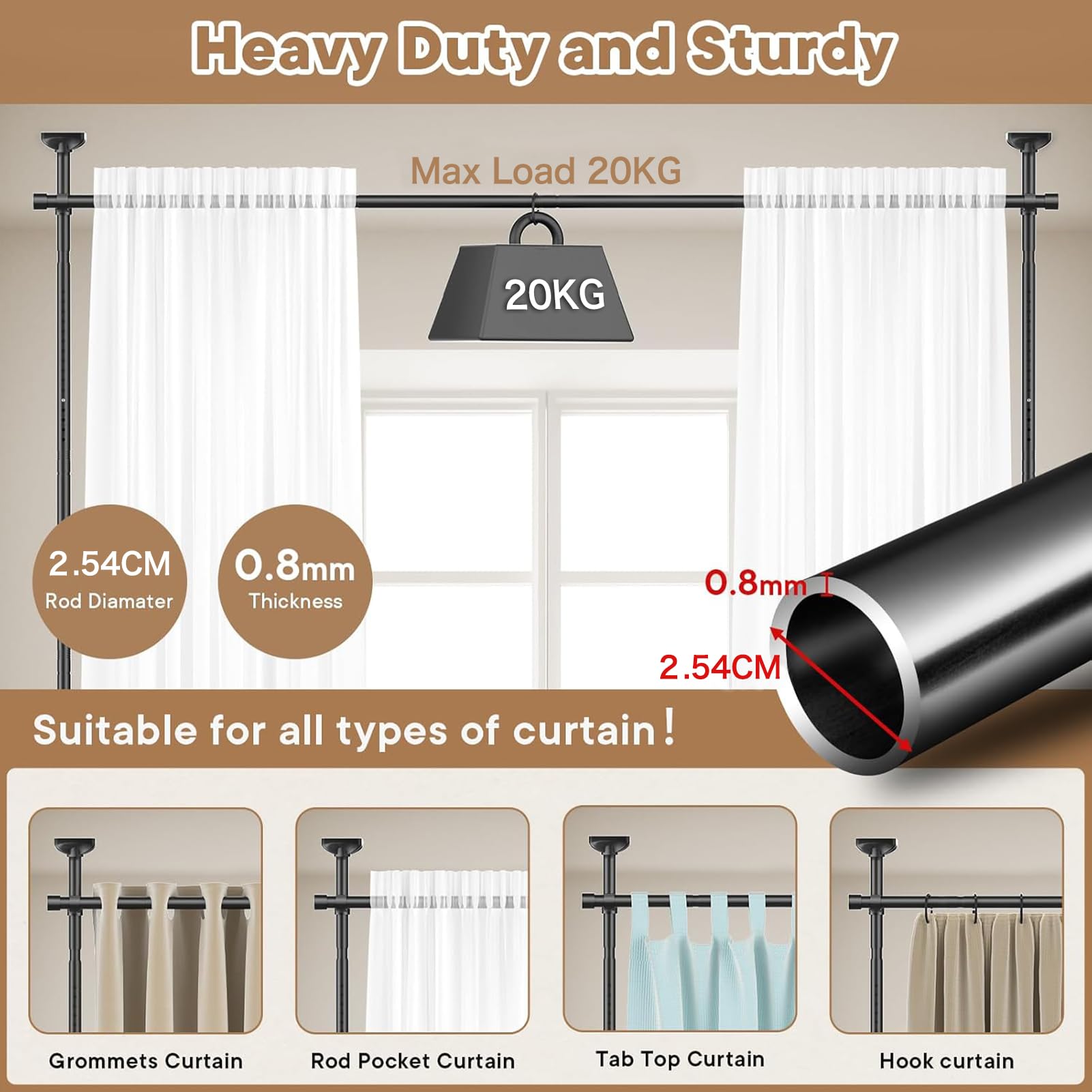 Yeabett Room Divider Curtain Rod, No Drilling Partition Room Dividers 122-305cm(H) 70-177cm(W) Adjustable - Image 4
