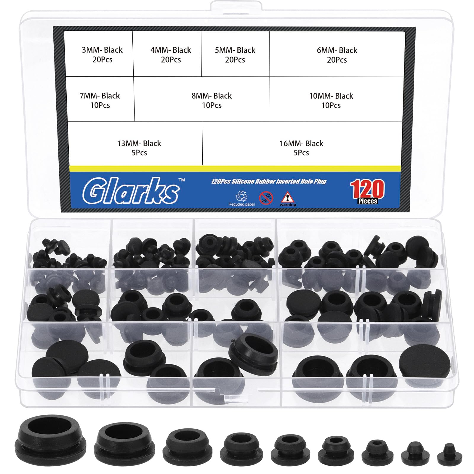 Glarks 120pcs 3/4/5/6/7/8/10/13/16mm Black Silicone Hole Plugs Kit, Reusable Round Hole Plug, Round Holes Caps, Rubber Holes Covers, Silicone Rubber Hole Plug for Bottle, Furniture Legs, Cabinets