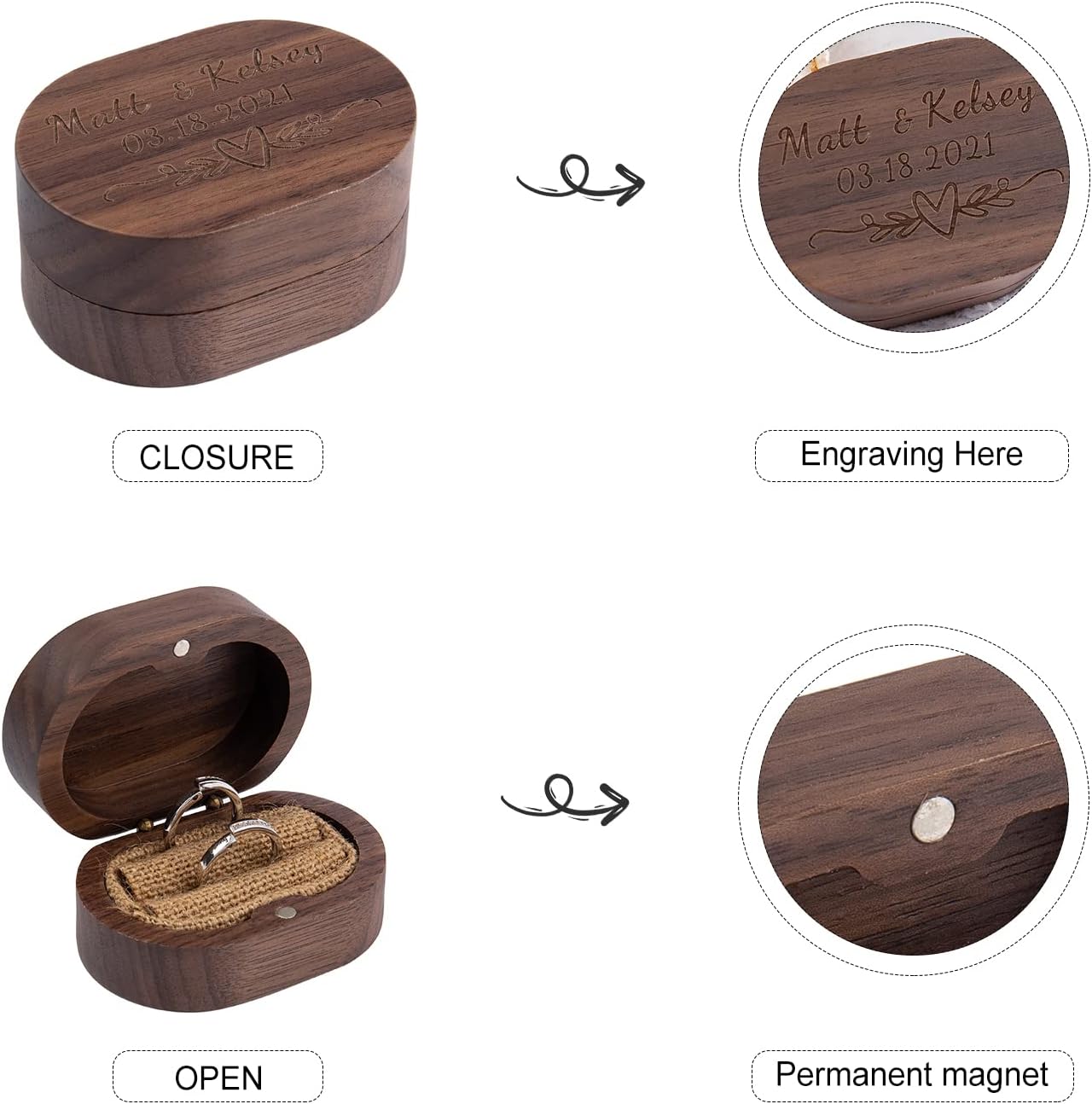 Wood Wedding Ring Box Custom Engraved Name/Text Engagement Ring Box for Proposal Handmade Wooded Ring Box for Couple Girlfriend (Oval box)