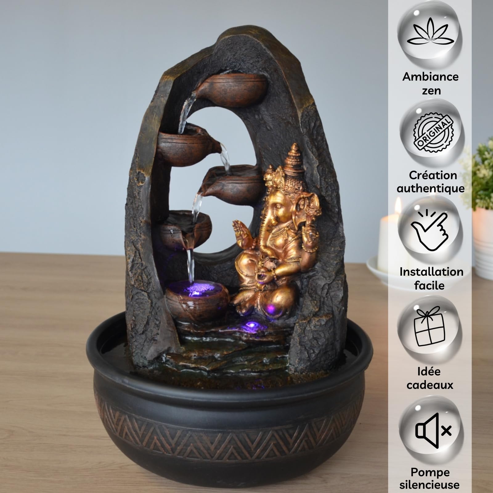 Buddha Ganesh Innenbrunnen mit farbenfrohen LED -Licht - Feng Shui Zen Dekoration - Bed -Träger - H 40 cm - Mystic Zen'light
