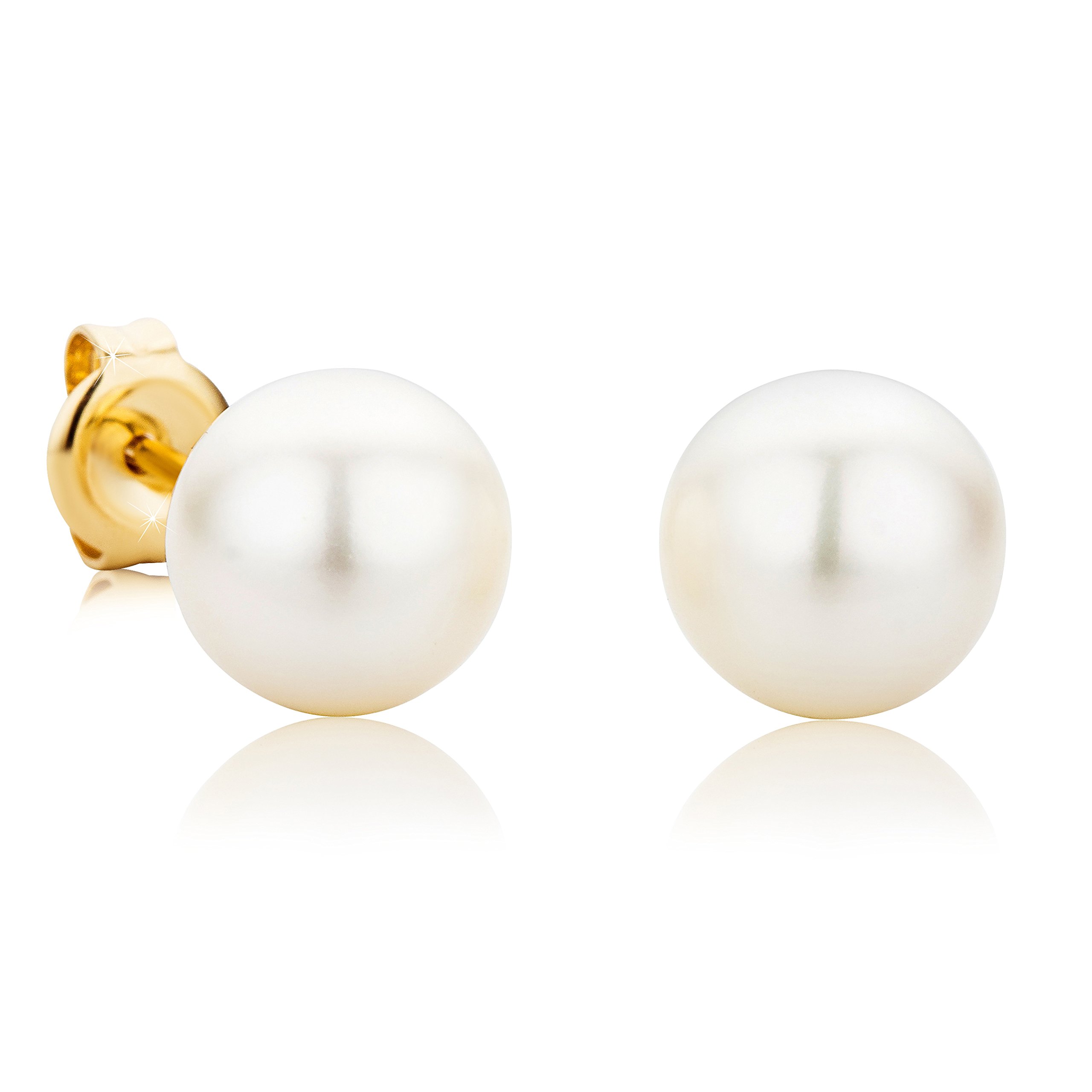 OROVI Ohrringe Gold- 9 karat (375) Gelbgold – Perlenohrringe, Ohrstecker Gold mit Weißen Süßwasserperlen 8.5 mm, Hypoallergene Perlen Ohrringe, Schmuck Damen, Gold Schmuck- inkl. edler Schmuckbox