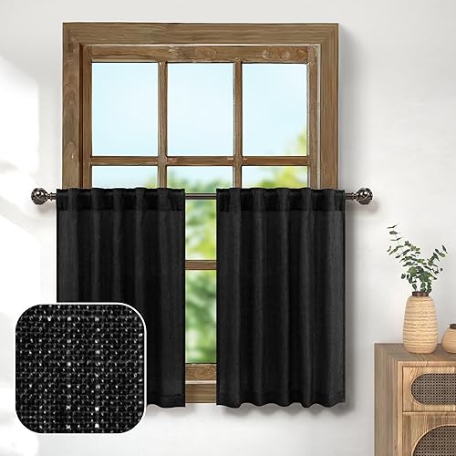 Pitalk Cortinas negras de cocina de 30 pulgadas de largo para dormitorio pequeño, bolsillo con pestaña trasera, ligera, transpirable, lino para