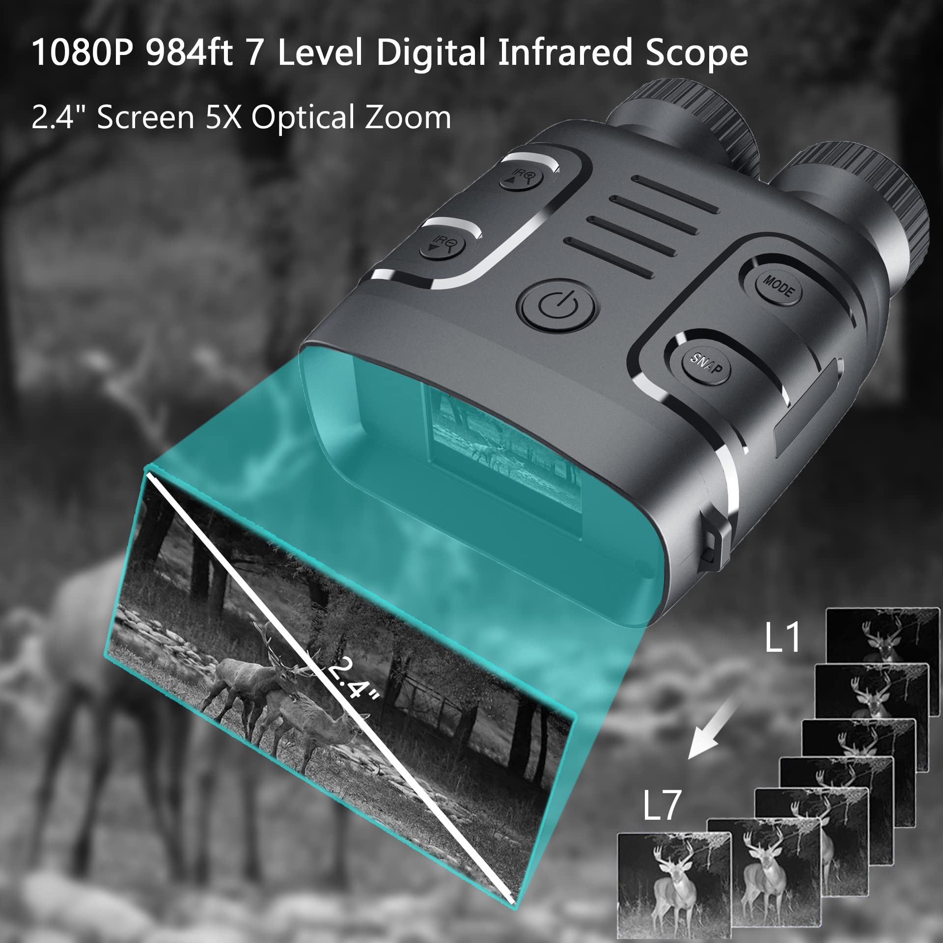 Nachtzicht Verrekijker Apparaat 1080P HD 850nm Infrarood 5X Digitale Zoom Telescoop Goggles Outdoor Jacht Camping Volledig Donker 300m voor vogels kijken en jagen(R12 Standard