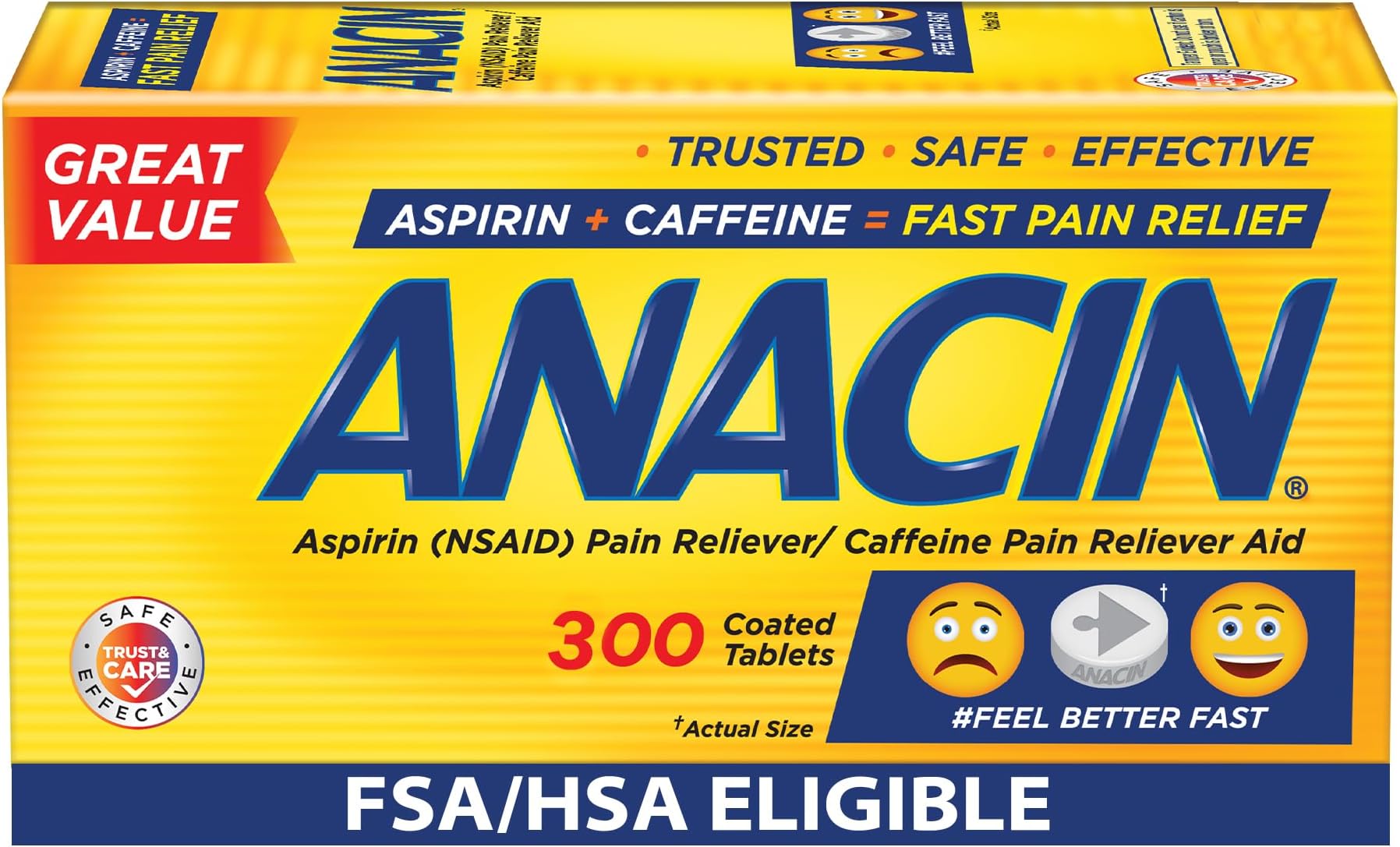 Anacin Aspirin & Caffeine Fast Pain Relief, Eases Minor Aches and Pains Due to Headache, Muscle Aches & Arthritis, 300 Count