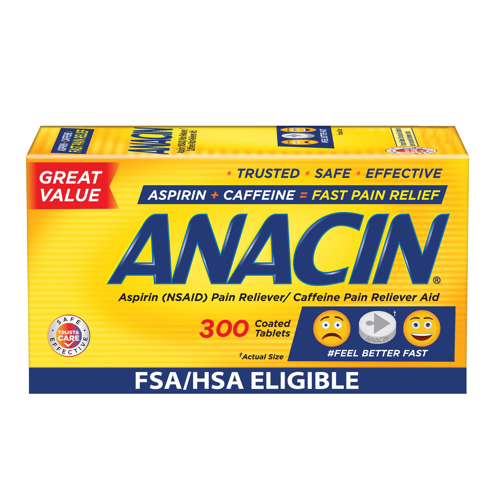 ANACINAspirin & Caffeine Fast Pain Relief, Eases Minor Aches and Pains Due to Headache, Muscle Aches & Arthritis, 300 Count