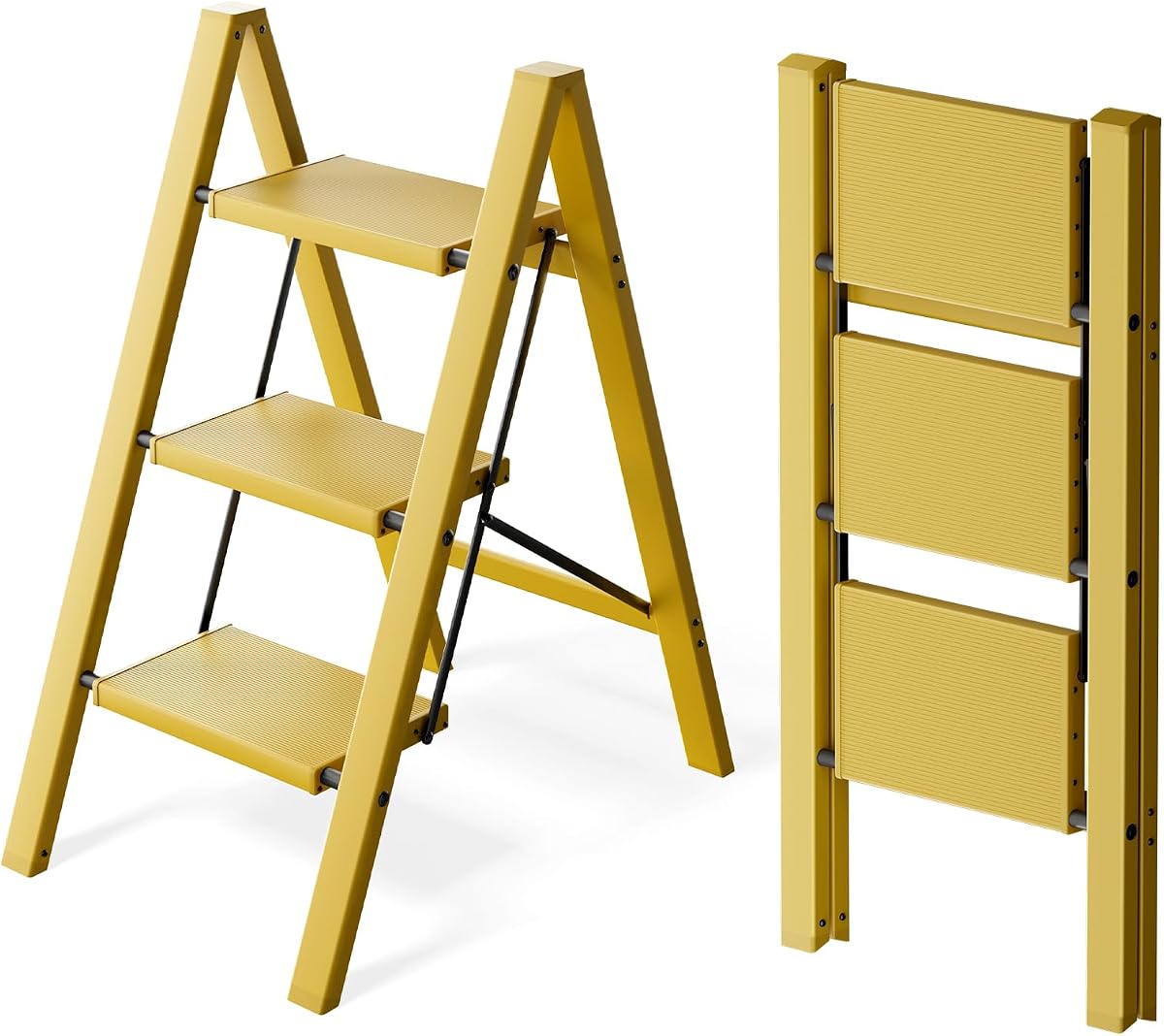 3 Step Stool Foldable Ladder, Lightweight Aluminum Step Ladder | Folding aluminum frame with anti-slip steps,330 lbs for home,kitchen,office,outdoor,Yellow