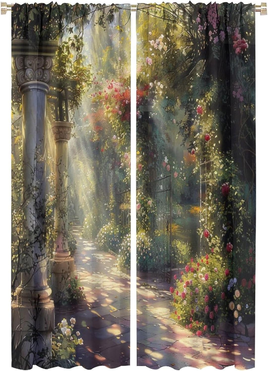 Spring Floral Plant Blackout Curtains for Bedroom Living Room, European Rustic Garden Path Curtains Rod Pocket Thermal Insulated Window Drapes, 2 Panels/Each 21" W x 63" L