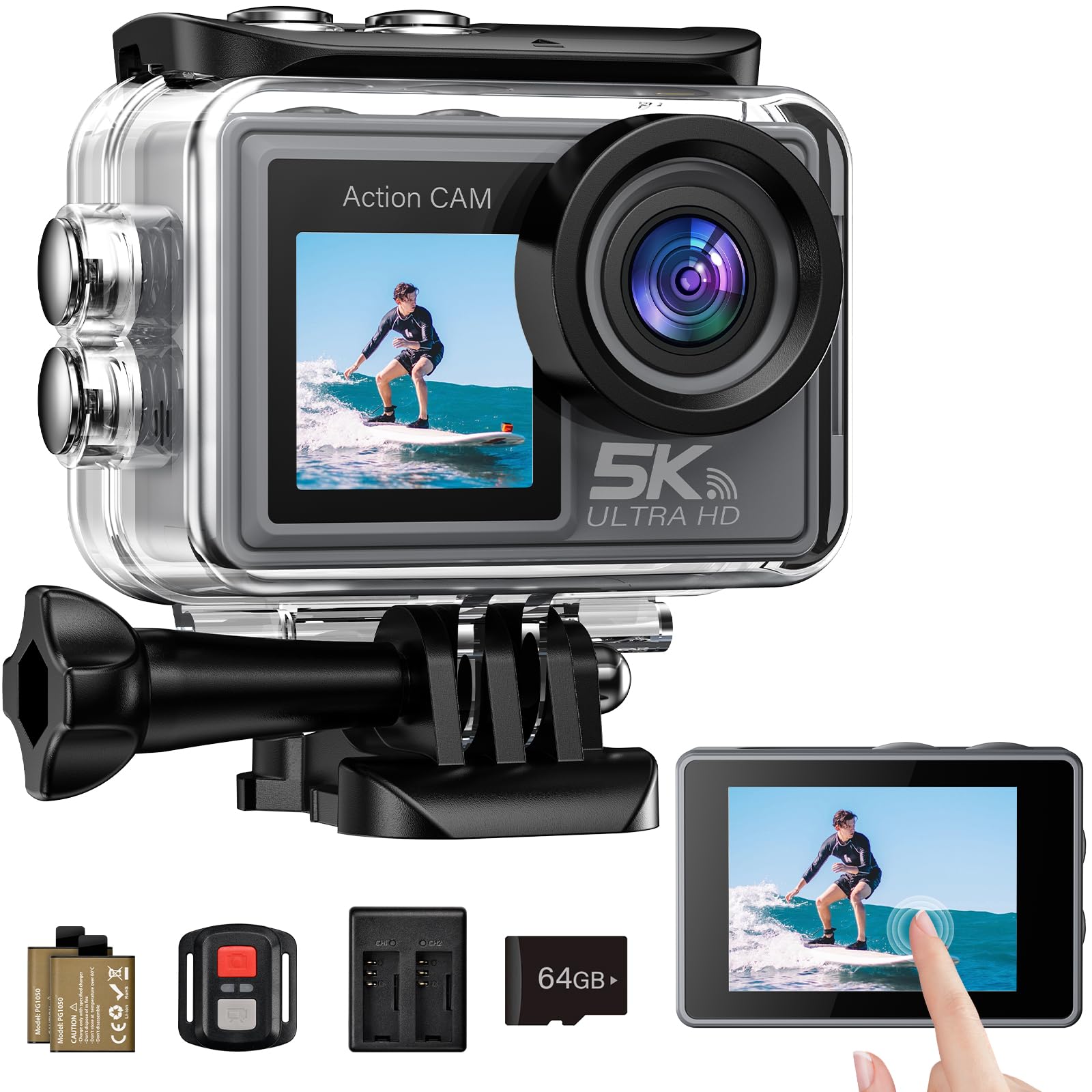Action Cam 5K/4K 60FPS, 50MP Unterwasserkamera 30M wasserdichte Action Kamera mit 64GB SD Karte, EIS, Dual Screen, WiFi, 170° Ultra-Weitwinkel, Helmkamera für Motorrad, Schnorcheln, Fahrrad