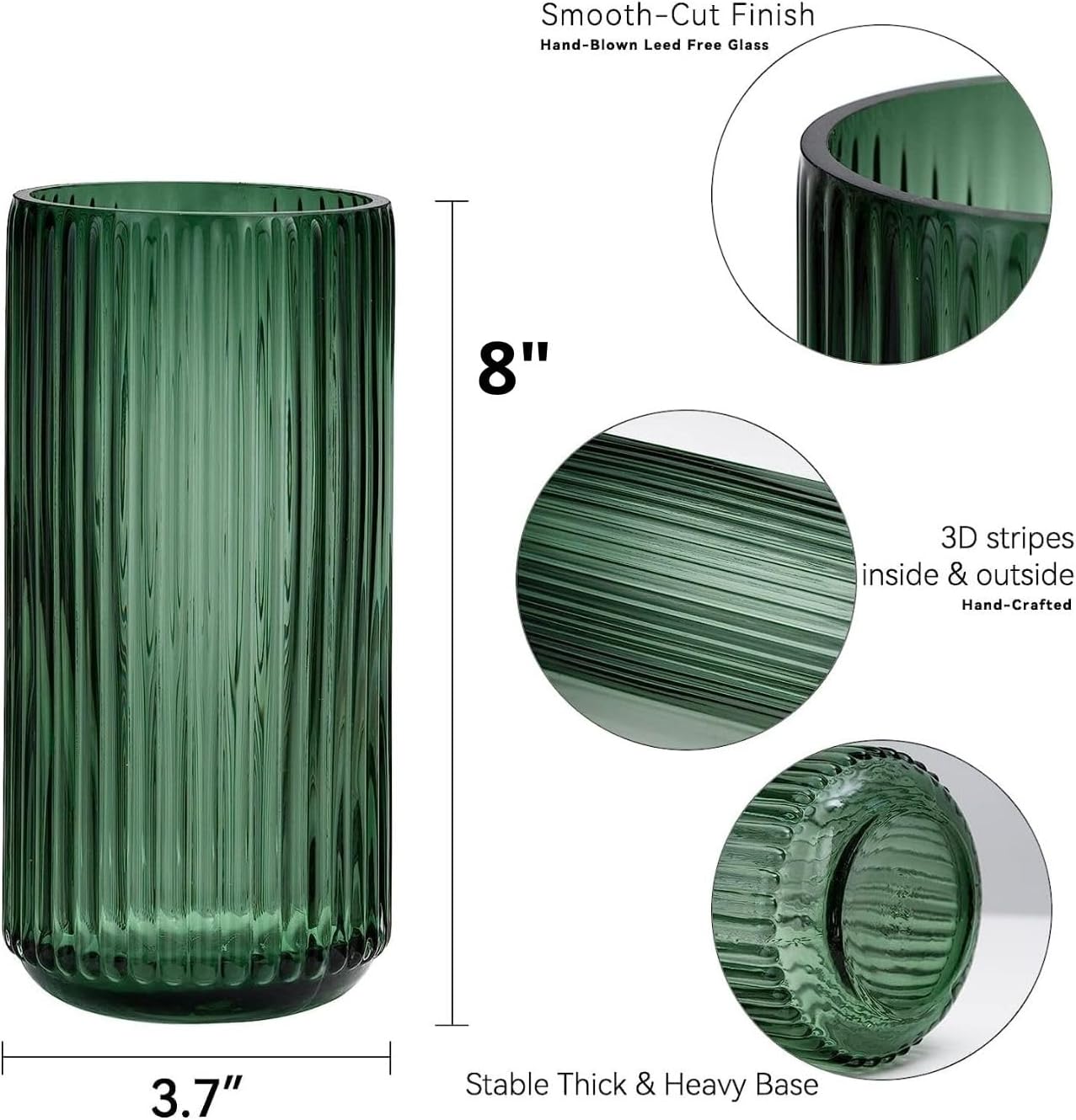 8 Inch Premium Thickened Green Glass Vase - Ribbed Glass Flower Vase for Rustic Home Decor, Decorative Vases for Flowers for Modern Farmhouse, Ideal for Shelf, Mantle, Table Entryway Décor Green Large 8 Inch image 2 of 6 B0C622JNTW