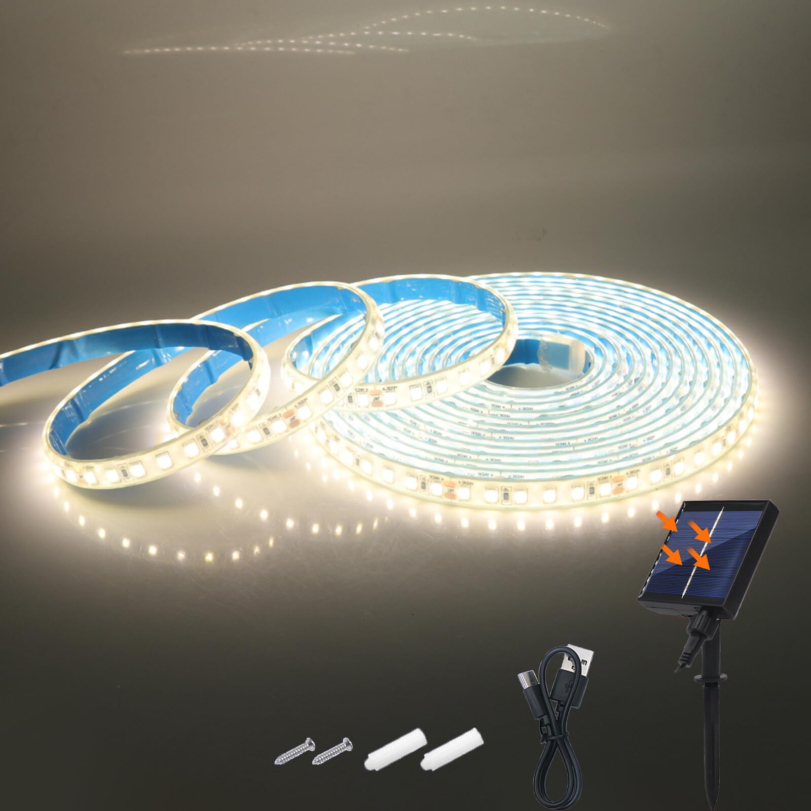 KAFULA 24V 8 Mode Solar Strip Light [0.5m,Natural White 4000-4500K],IP68 Waterproof,1200MAH Solar Powered Flexible LED Rope Light CRI85+,Bedroom Garden Balcony Decorative Lighting