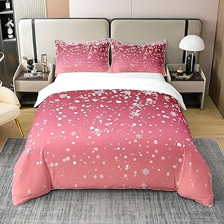100% Cotton Winter Bedding Set White Snowflakes Duvet Cover for Boys Girls Kids Pink Gradient Comforter Cover 3 Piece Christmas Bedspread Cover Happy New Year Gifts Xmas Decor Bedding Full
