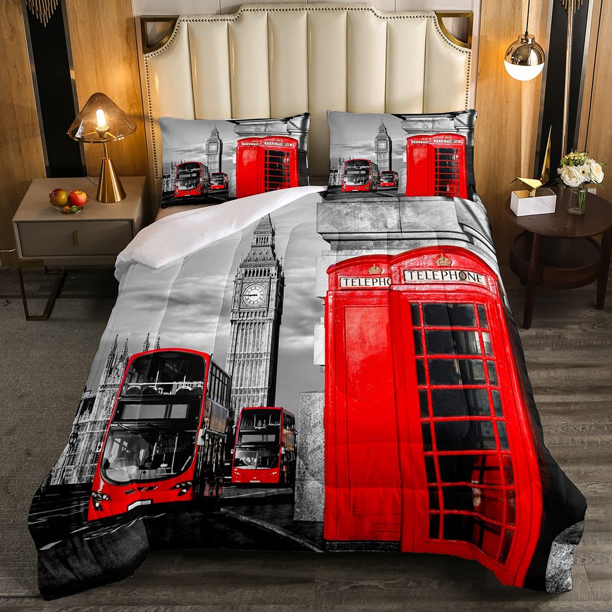 Loussiesd Londra Morbido Piumino Bambini Rosso Cabina Telefono Set di Biancheria Da Letto Romantico Città Scenario Old Street Big Ben Vintage Retro Piumino Consolatore 3 Pz 230x220cm