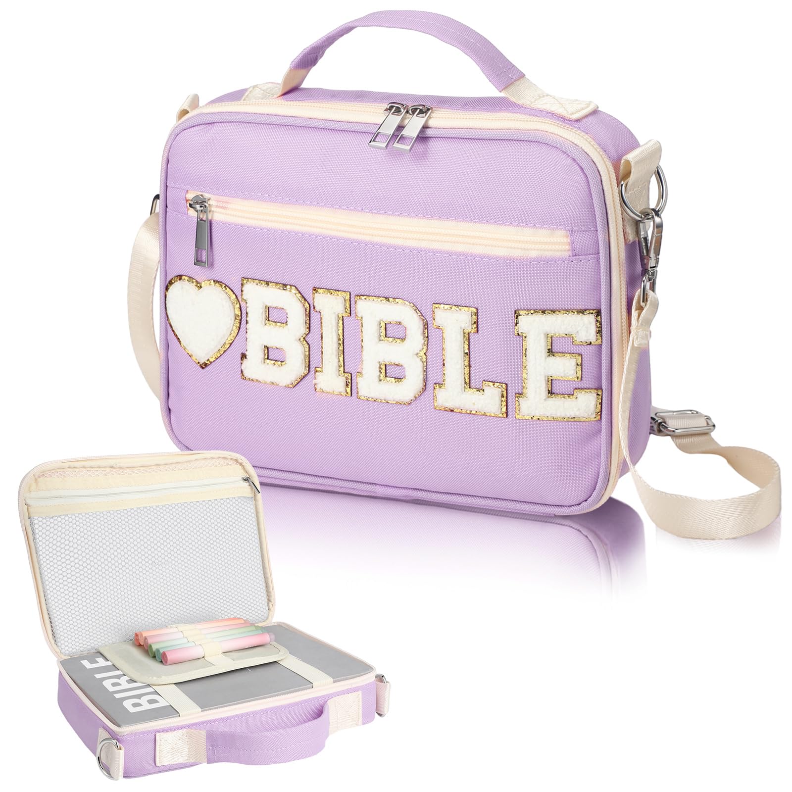 Silkfly Purple Bible Cover Case for Women Preppy Large Chenille Letter Church Bag with Shoulder Strap and Handle Waterproof Christian Tote Bag for