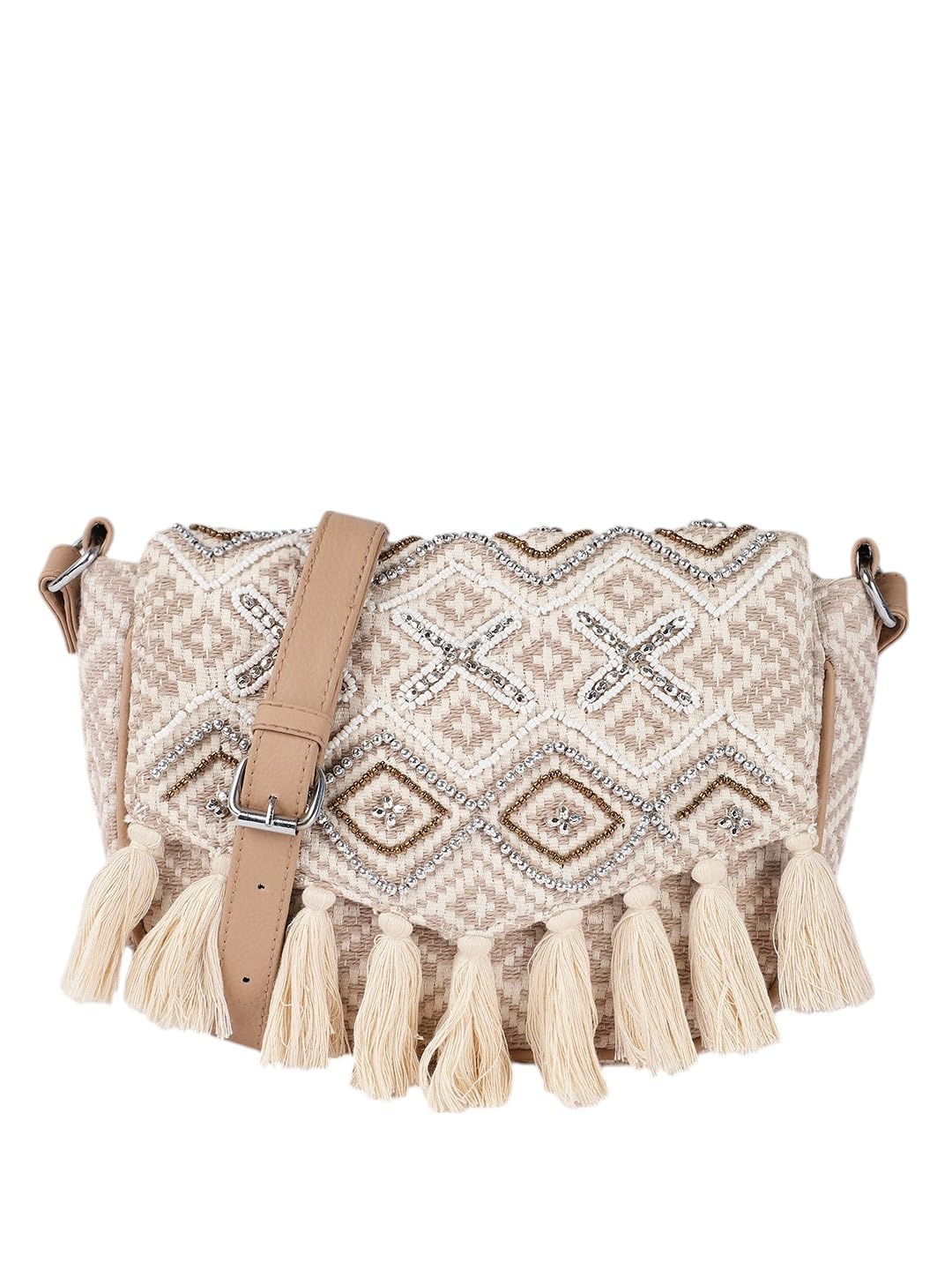 primrose Bohemian Crossbody Handbag with Crystal Embellishments, Woven Pattern, Cream Tassels, Tan Polyurethane Strap-picture-17