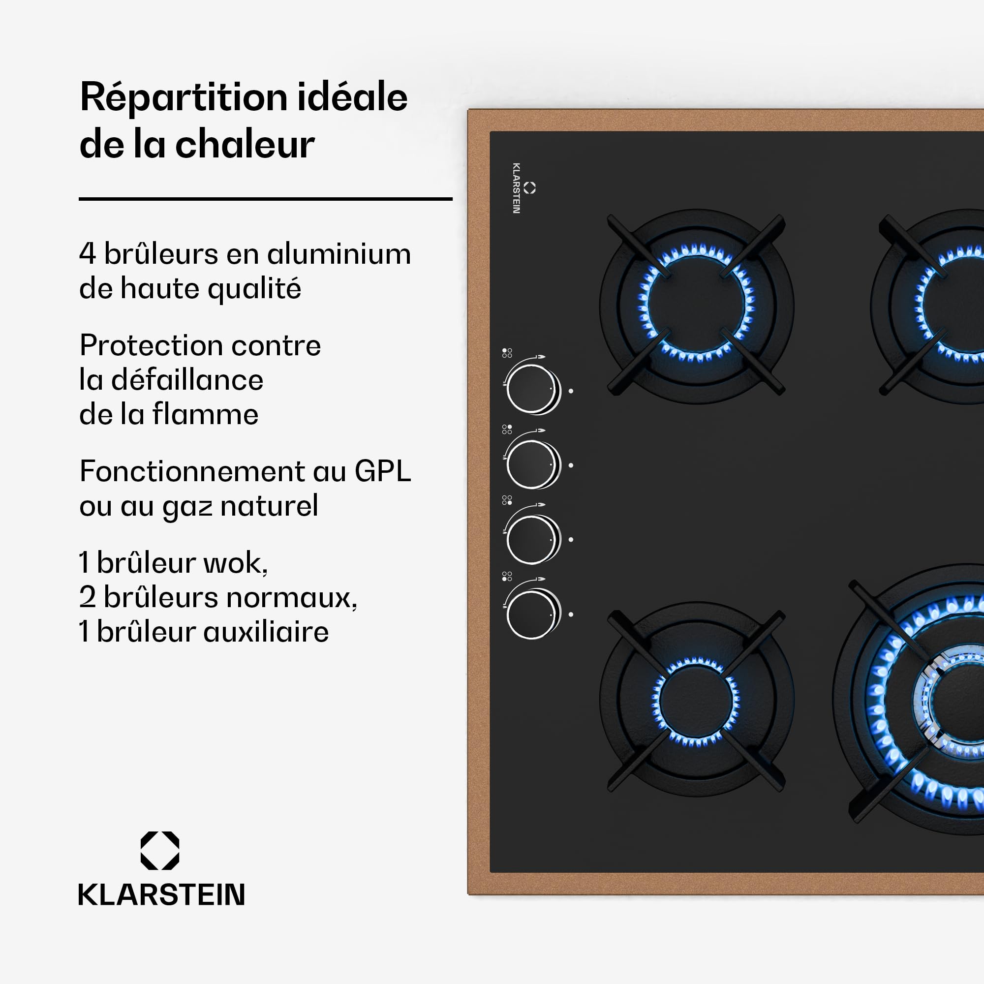 Klarstein Lumiflame Plaque De Cuisson Gaz, 4 Brûleurs 8 kW, Cadre Cuivre & Verre Trempé, Allumage Électrique, Sécurité FFD, Compatible GPL & Gaz Naturel, Supports Fonte