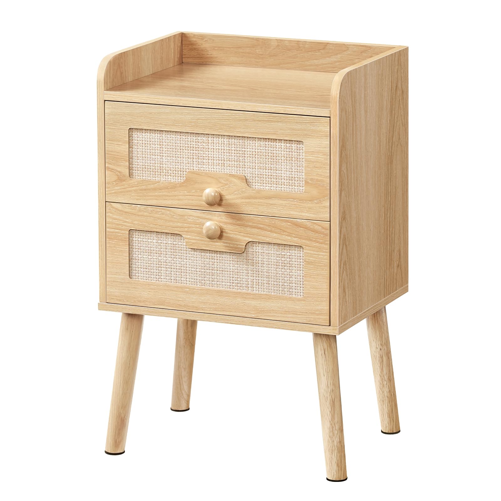 HOOBRO Boho-Nachttisch mit 2 Schubladen in Rattan-Optik, Sofatisch | Schmaler Beistelltisch, 3-seitige Kante, Massivholzbeine mit EVA-Pads, für Schlafzimmer, Wohnzimmer, Flur, Naturfarbe