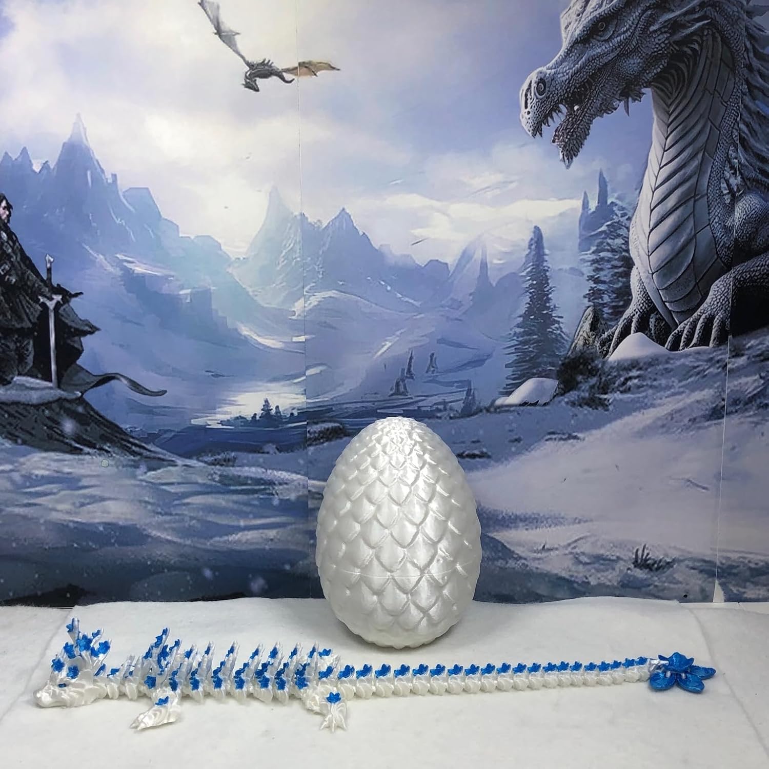 3D Printed Dragon with Dragon Egg, Articulated Dragon, 12" Tri Color Red Yellow Blue Cherry Blossom Dragon, Fidget ADHD Autism Sensory Toy Executive Desk Toy D021-RYB