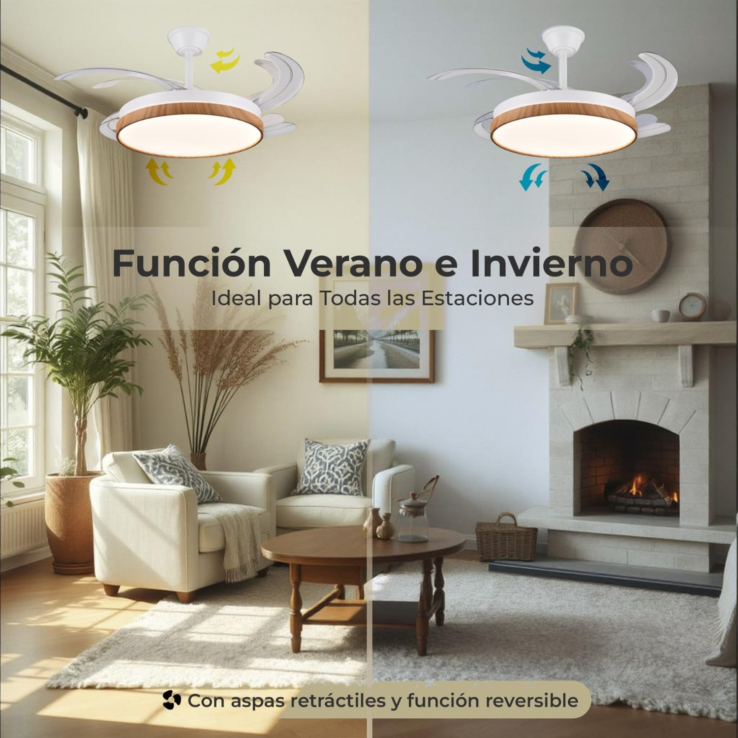 LUMIKING Ventilador de Techo con Luz LED 72W Silencioso - CCT 3000-4000-6000K con Aspas Retractiles - Mando a Distancia, Función Verano e Invierno y Reversible - Ventilación en Hogares y Oficinas