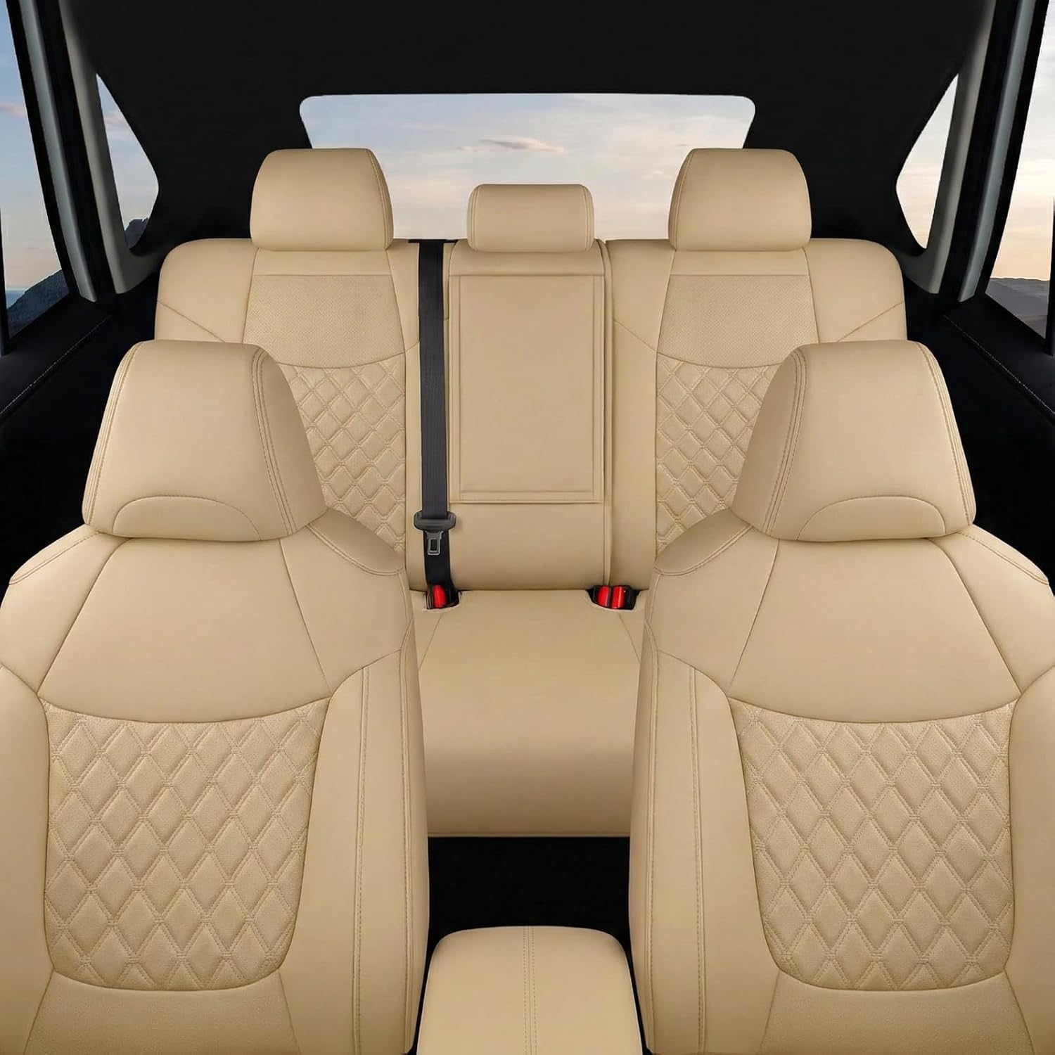 GIANT PANDA Pu Leather Car Seat Covers Full Set Custom Fit for Toyota RAV4 Hybrid LE/Hybrid Limited/Hybrid XLE/Hybrid XLE Premium 2019 2020 2021 2022 2023 2024 2025(Beige)