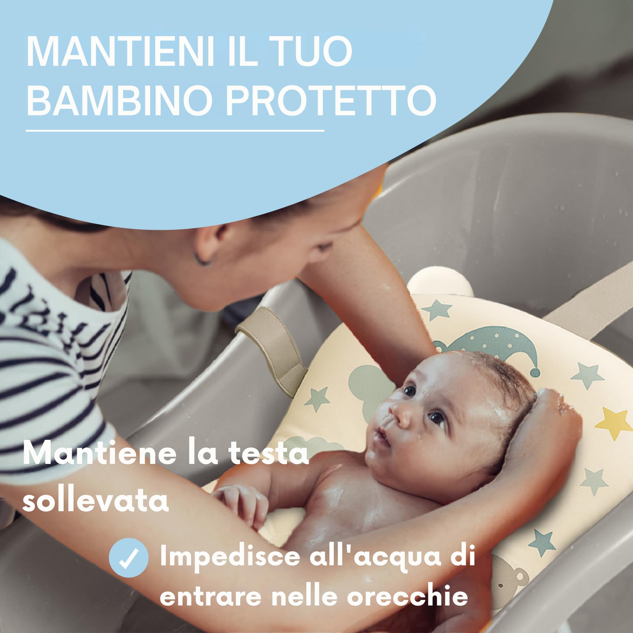 Cuscino per Vasca da Bagno Neonato con Brocca Riduttore Vaschetta Bagnetto Supporto Morbido Universale Materassino Antiscivolo per Neonati Bambino Bianco Blu