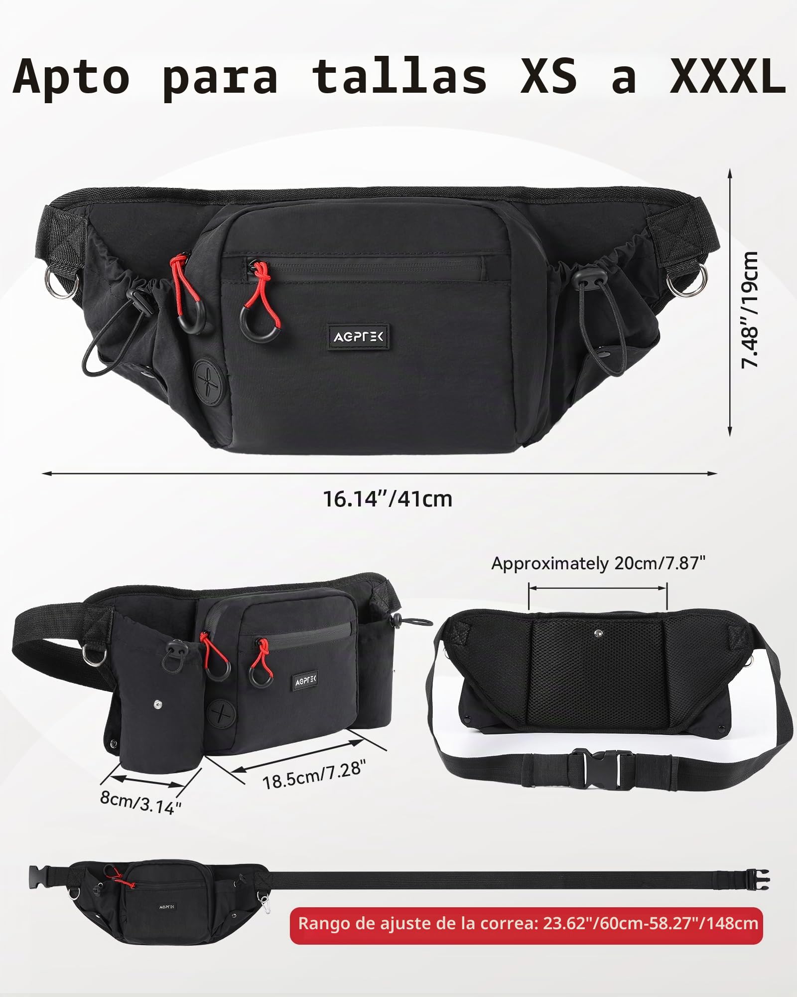 AGPTEK Bolsas de Golosinas para Perros, Riñonera Impermeable de Gran Capacidad con Bolsa Premios Perro Desmontable, Porta Botellas de Agua, Dispensador de Bolsas para Excrementos, Negro