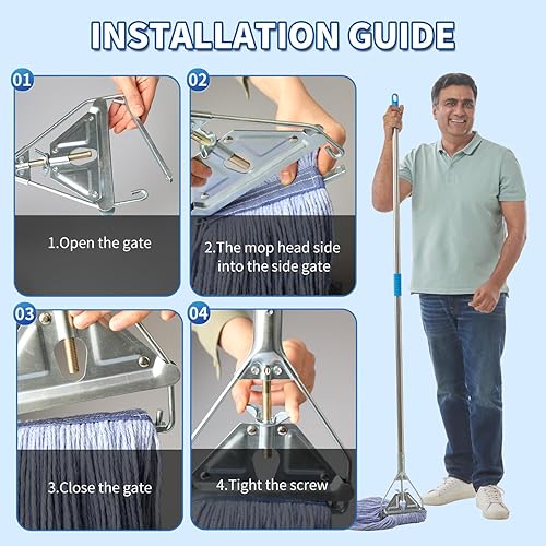 Miniatura 7 de Trapeador de cuerda de extremo de bucle resistente, mango de acero inoxidable de 67 pulgadas, mopa de grado industrial comercial para limpieza de