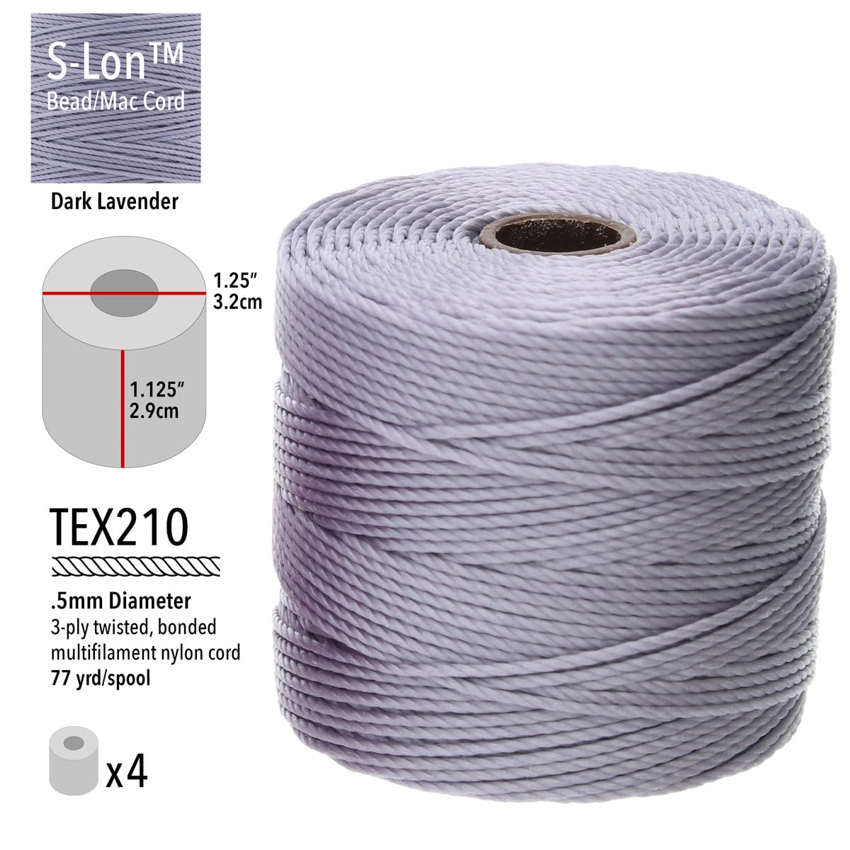 The Beadsmith S-Lon #18 sznurek – ciemny lawendowy kolor, rurka z 4 szpulami, 77 metrów, idealna do nawlekania koralików, szydełkowania i biżuterii z mikromakramy, kompatybilny z projektami Kumihimo