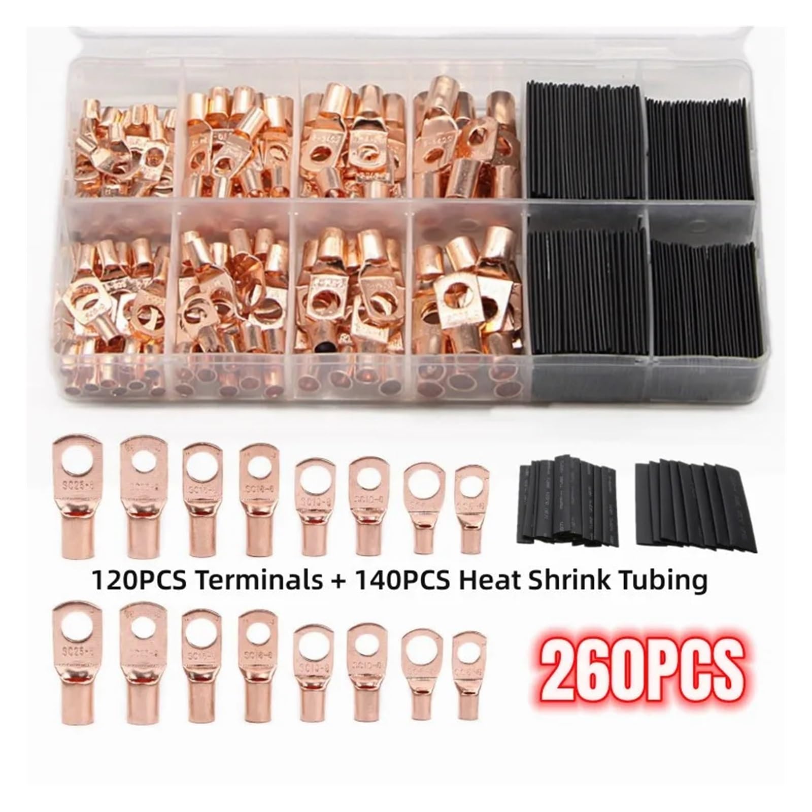 Terminali ad anello in rame SC da 260 pezzi Terminali a crimpare for cavi nudi Capicorda e kit di assortimento termorestringenti