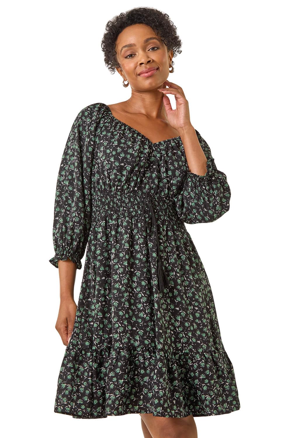 Roman Originals Women's Petite Black Roman Petite Spot Print Frill Detail Dress For Uk - Everyday Autumn Winter Sweetheart Neckline Comfy Soft Evening Vacation Work Party Night Out - Size 14