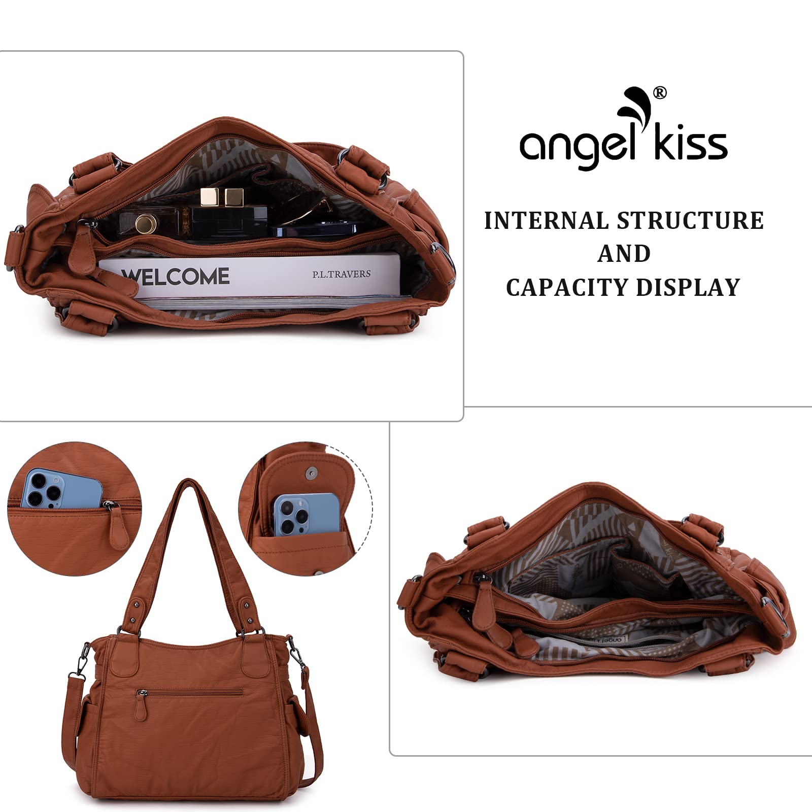Angel Kiss Purses and Handbags Top-Handle Hobo Bags for Femmes Roomy Sacs à bandoulière en cuir lavés Sac à main pour filles